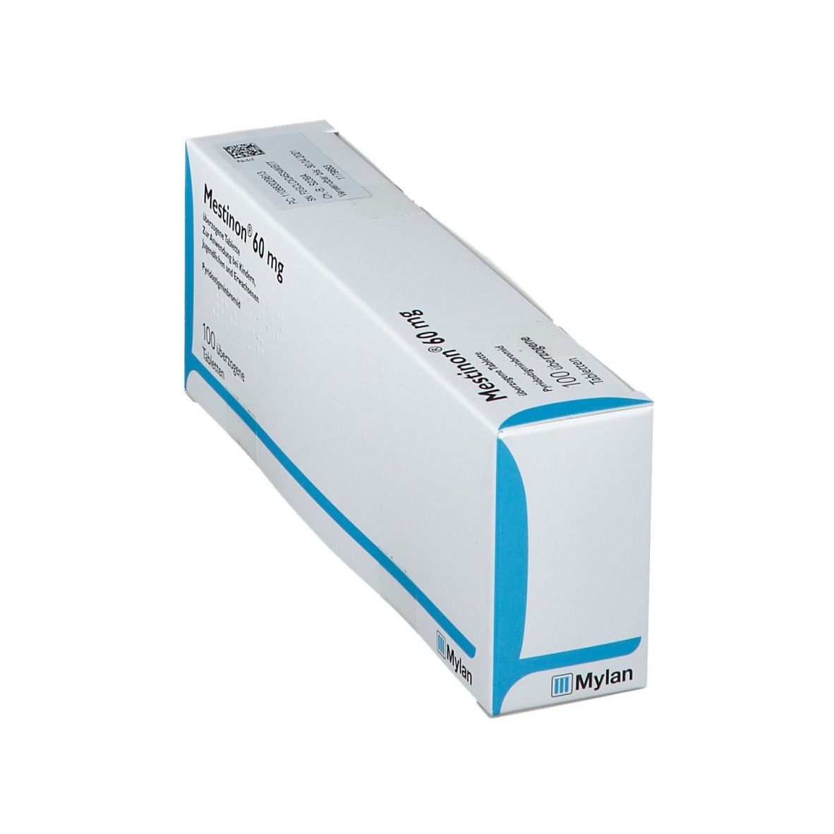 Schrägansicht der "Mestinon 60 mg" Schachtel. Blaue und weiße Verpackung, Mylan Logo.