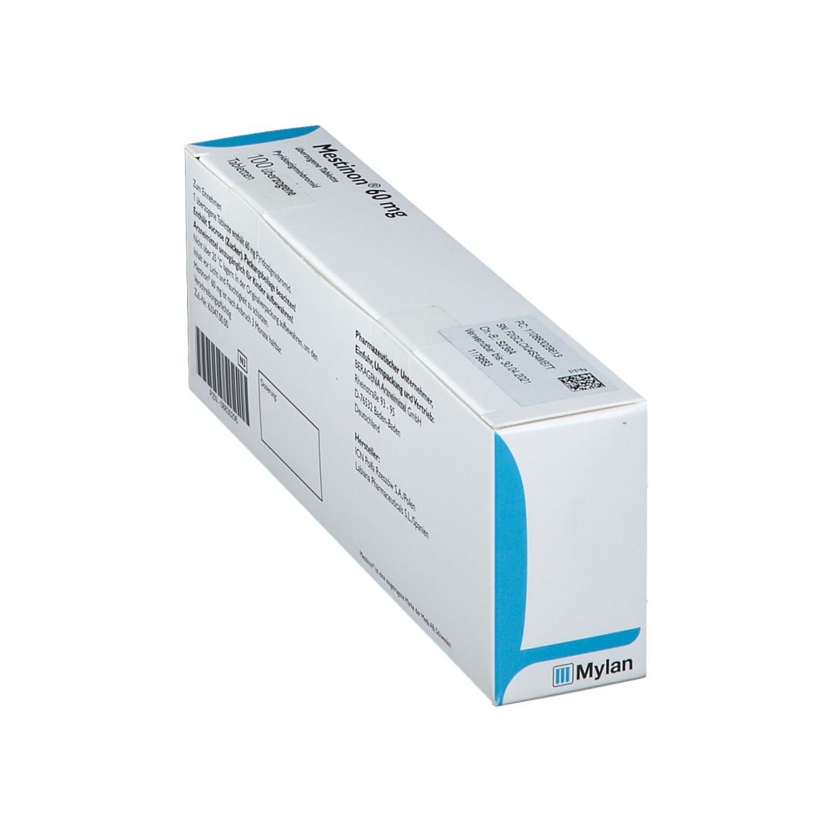 Schrägansicht der "Mestinon 60 mg" Schachtel. Blaue und weiße Verpackung, Mylan Logo.