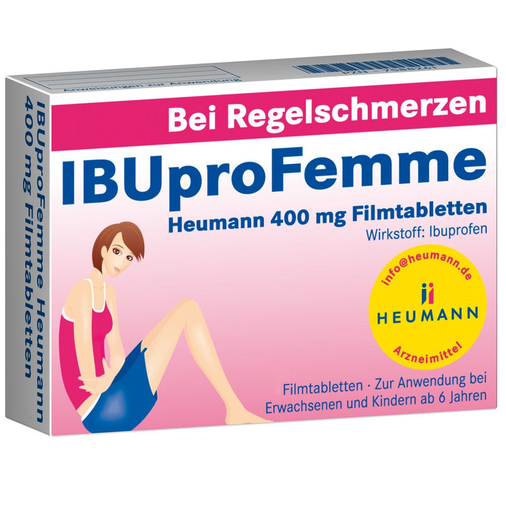 Schachtel IBUproFemme Heumann 400 mg Filmtabletten. Rosa-weißes Design. Text: Bei Regelschmerzen, Heumann, Ibuprofen.