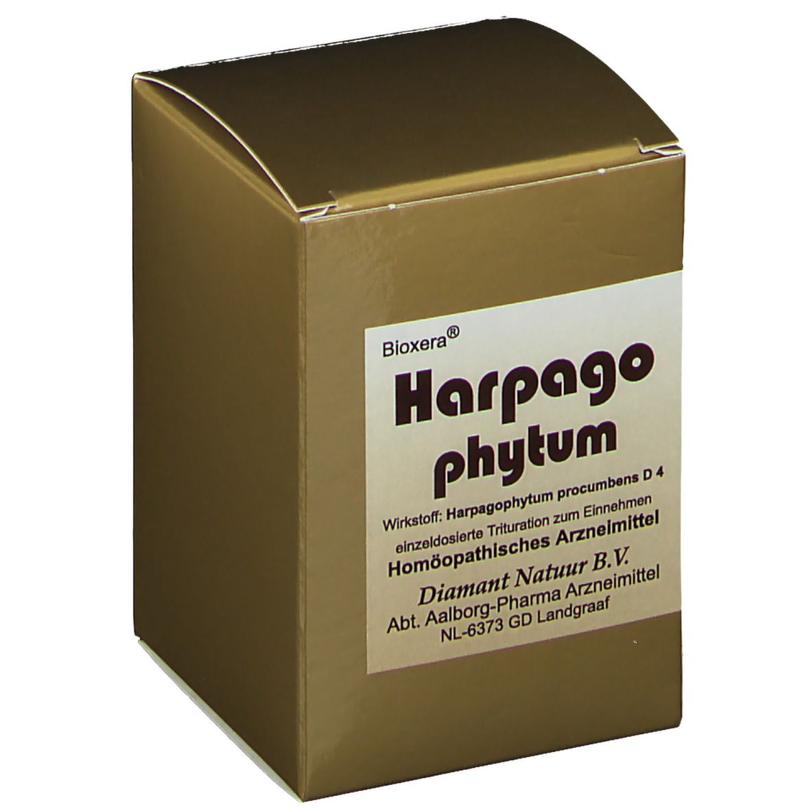 Goldfarbene Faltschachtel mit Aufschrift Bioxera Harpago phytum. Homöopathisches Arzneimittel. Text in deutscher Sprache.