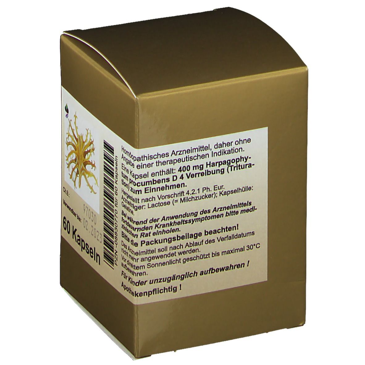 Goldfarbene Faltschachtel mit Aufschrift Bioxera Harpago phytum. 60 Kapseln. Text in deutscher Sprache. Enthält 400 mg Harpago.