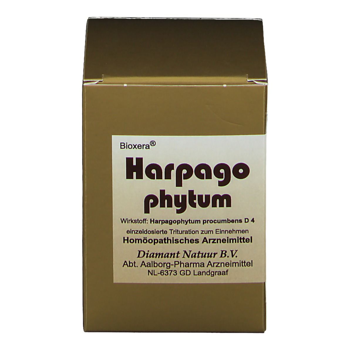 Goldfarbene Faltschachtel mit Aufschrift Bioxera Harpago phytum. Homöopathisches Arzneimittel. Text in deutscher Sprache.