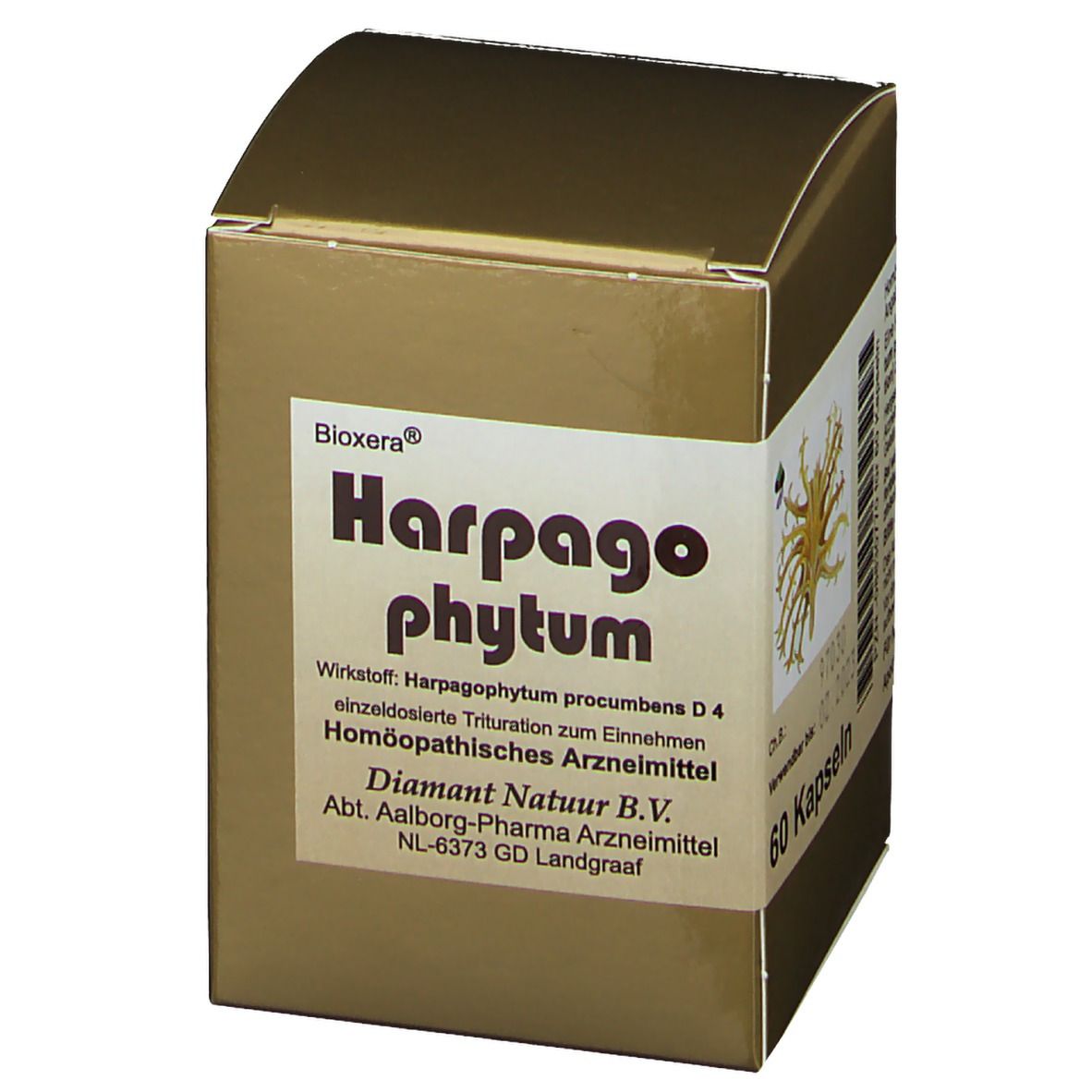 Goldfarbene Faltschachtel mit Aufschrift Bioxera Harpago phytum. 60 Kapseln. Text in deutscher Sprache. Homöopathisches Arzneimittel.
