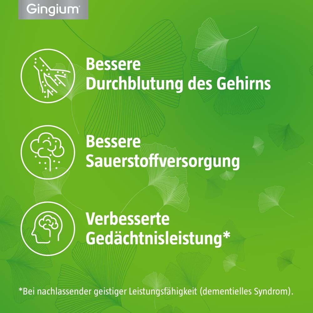 Grüner Hintergrund mit Ginkgo-Blättern. Text: Bessere Durchblutung, Sauerstoffversorgung, Gedächtnisleistung.