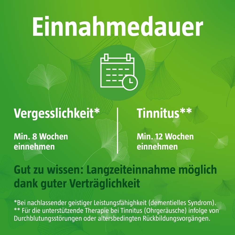 Grüner Hintergrund mit Ginkgo-Blättern. Text: Einnahmedauer. Vergesslichkeit: min. 8 Wochen. Tinnitus: min. 12 Wochen.