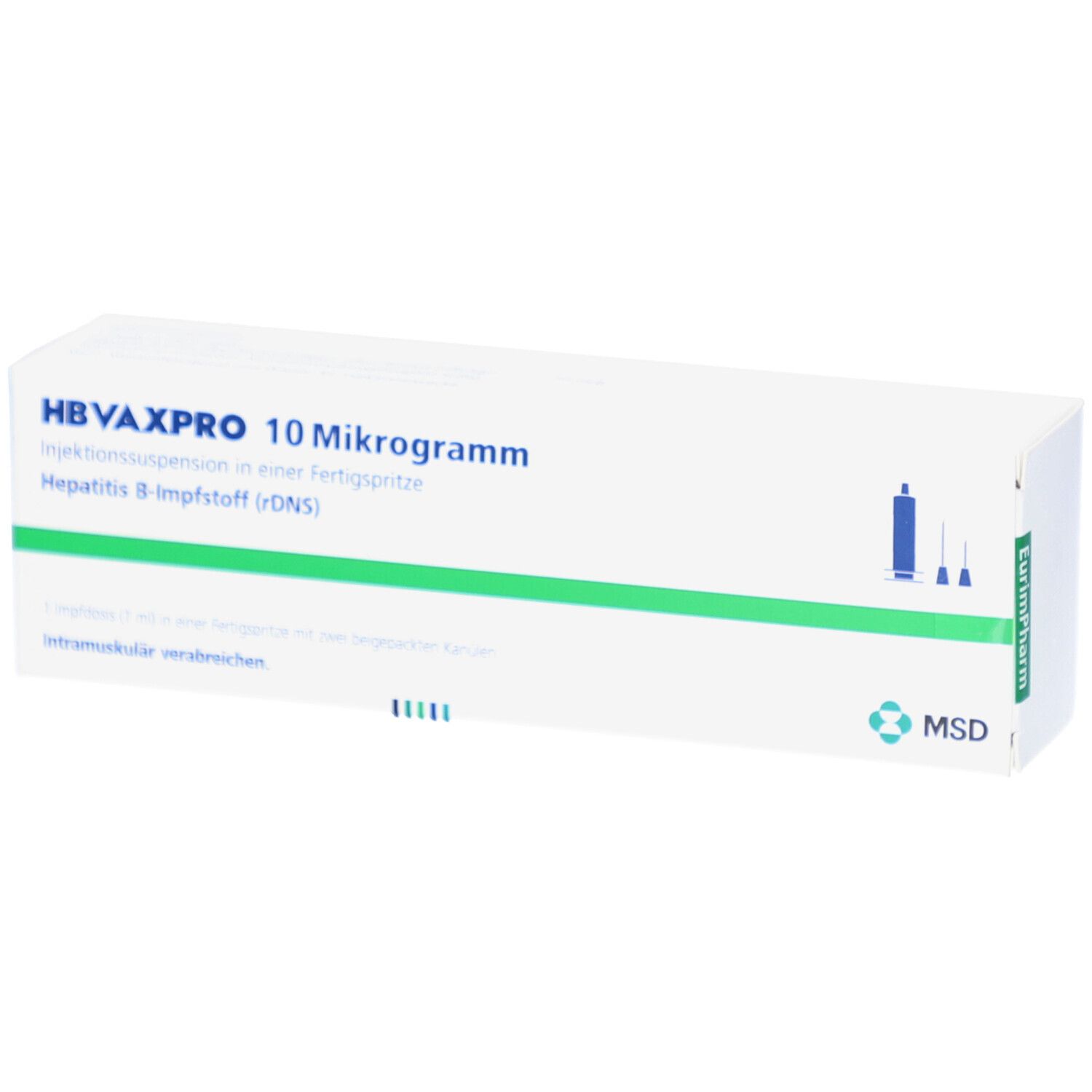 Weiße Schachtel mit grünen Streifen. Aufschrift: HBVAXPRO 10 Mikrogramm. Hepatitis B-Impfstoff (rDNS). MSD-Logo.