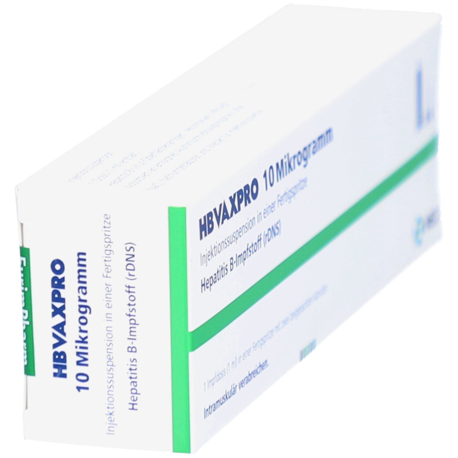 Schachtel, weiß mit grünen Streifen. Aufschrift: HBVAXPRO 10 Mikrogramm. Hepatitis B-Impfstoff (rDNS).