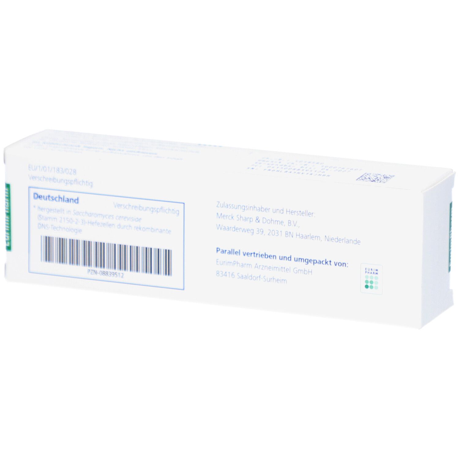 Rückseite einer weißen Schachtel. Text: Verschreibungspflichtig. Hersteller Merck Sharp & Dohme B.V.