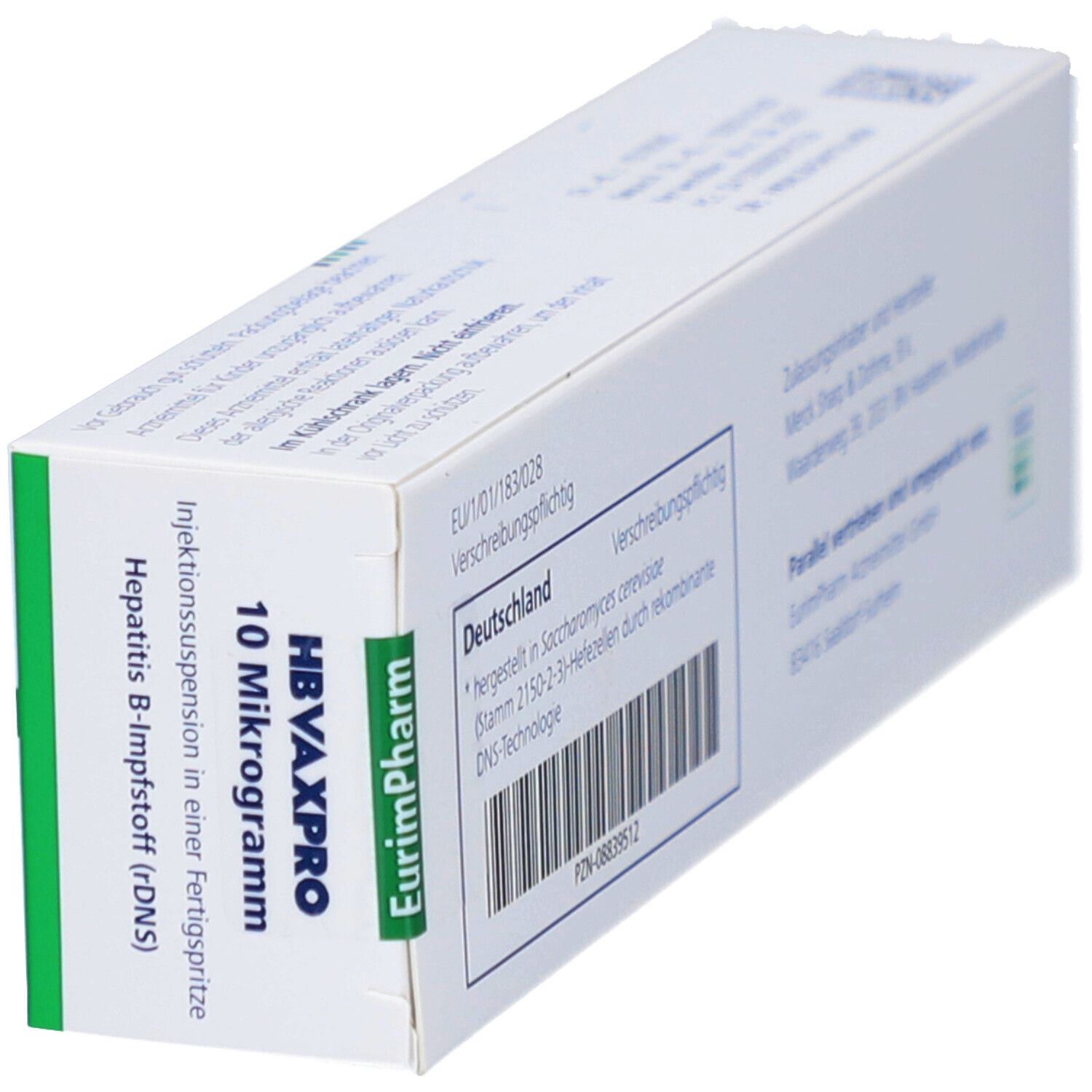 Schachtel, weiß mit grünen Streifen. Aufschrift: HBVAXPRO 10 Mikrogramm. Hepatitis B-Impfstoff (rDNS).