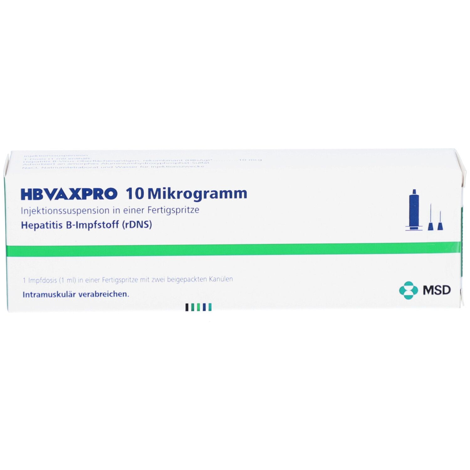Weiße Schachtel mit grünen Streifen. Aufschrift: HBVAXPRO 10 Mikrogramm. Hepatitis B-Impfstoff (rDNS).