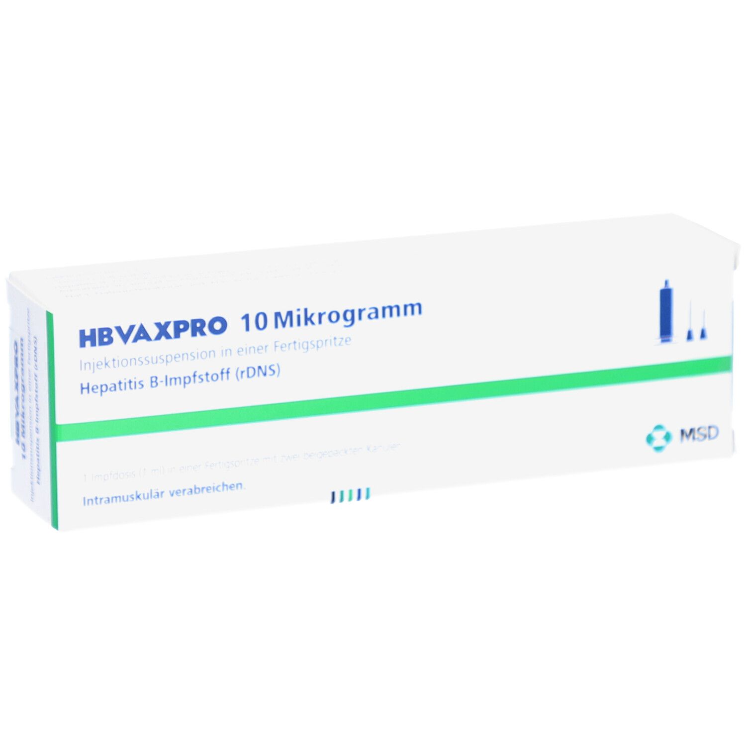 Weiße Schachtel mit grünen Streifen. Aufschrift: HBVAXPRO 10 Mikrogramm. Hepatitis B-Impfstoff (rDNS). MSD-Logo.