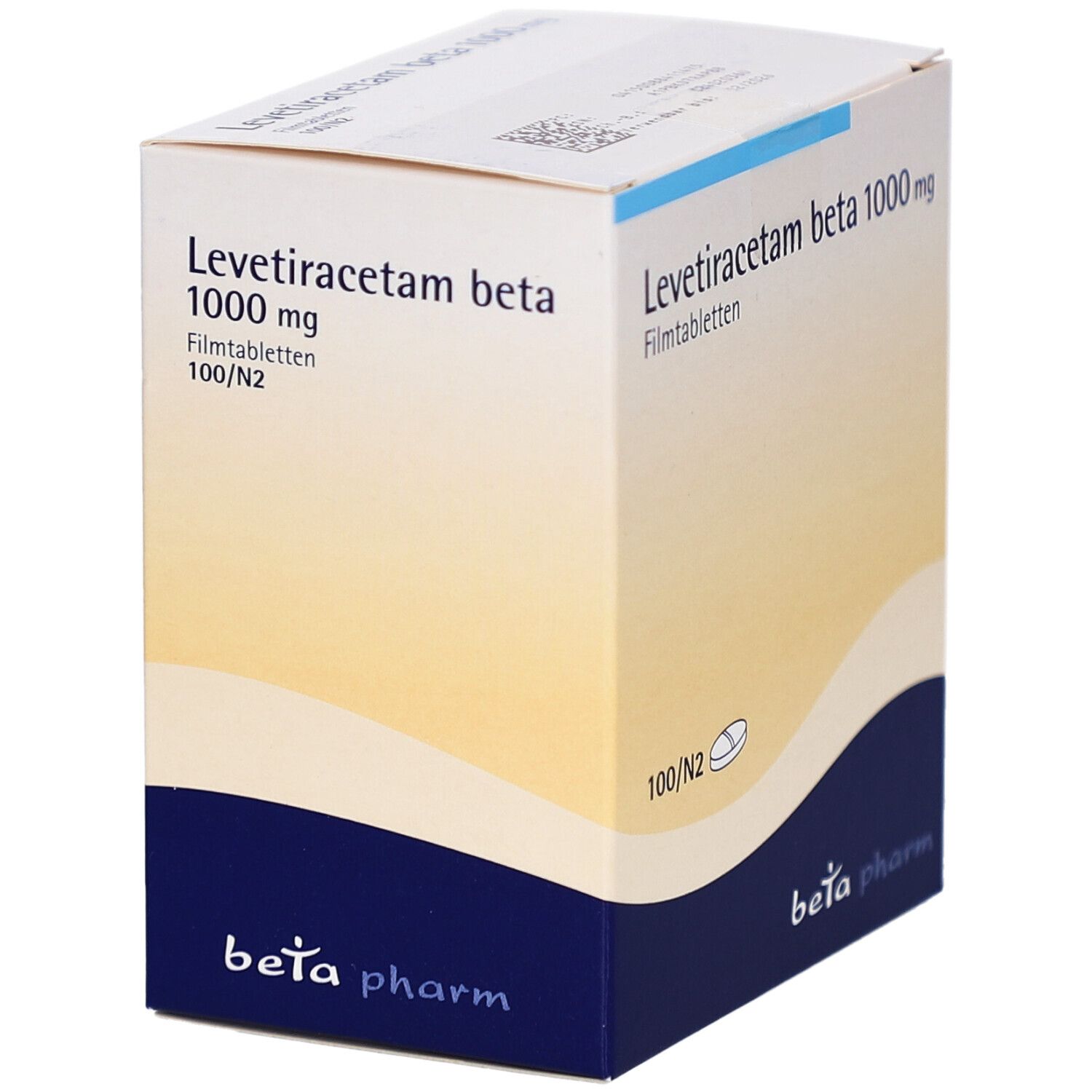 Arzneimittelpackung mit Levetiracetam beta 1000 mg Filmtabletten. Weiße und blaue Verpackung mit Logo.