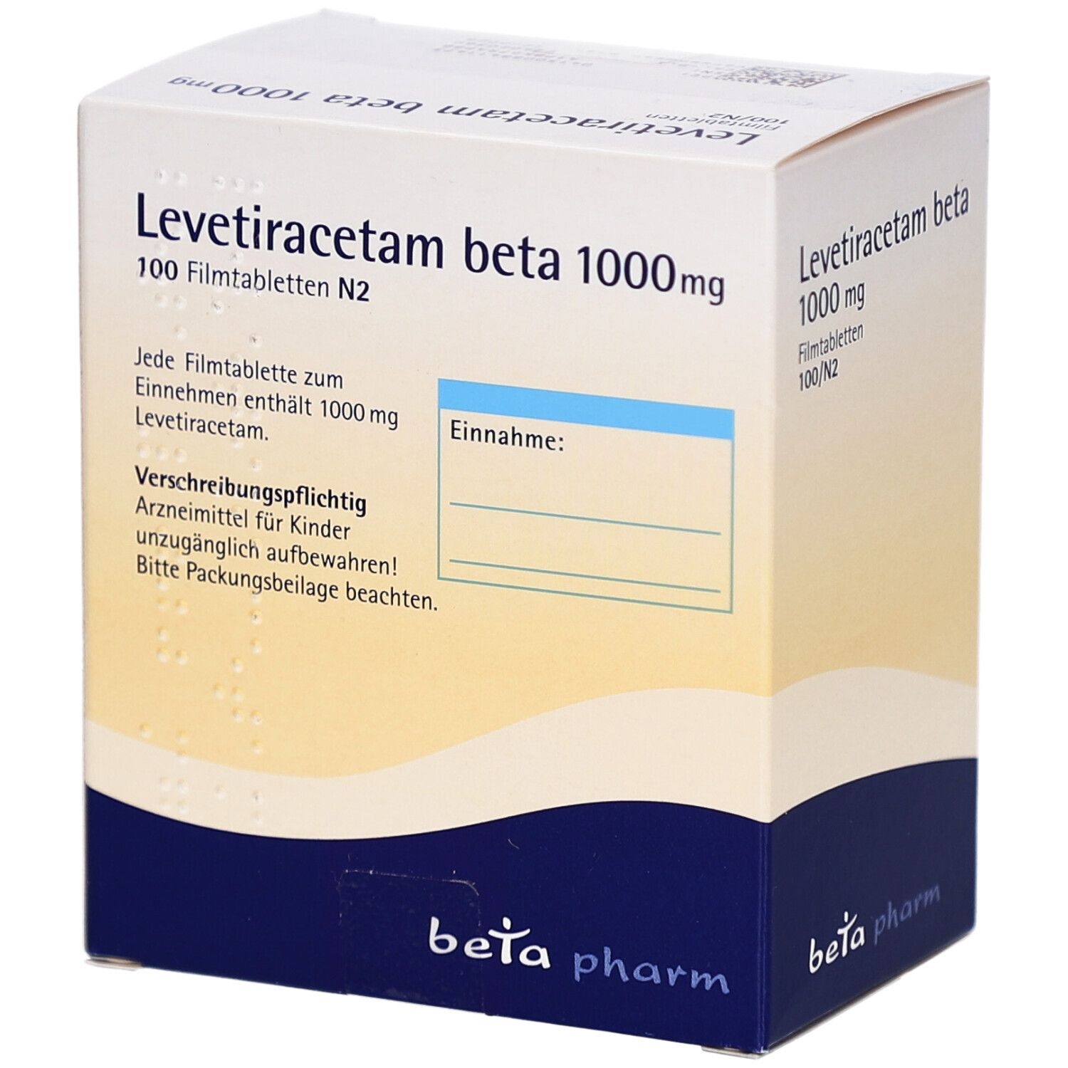 Arzneimittelpackung mit Levetiracetam beta 1000 mg Filmtabletten. Text und Logo auf weiß-blauer Verpackung.