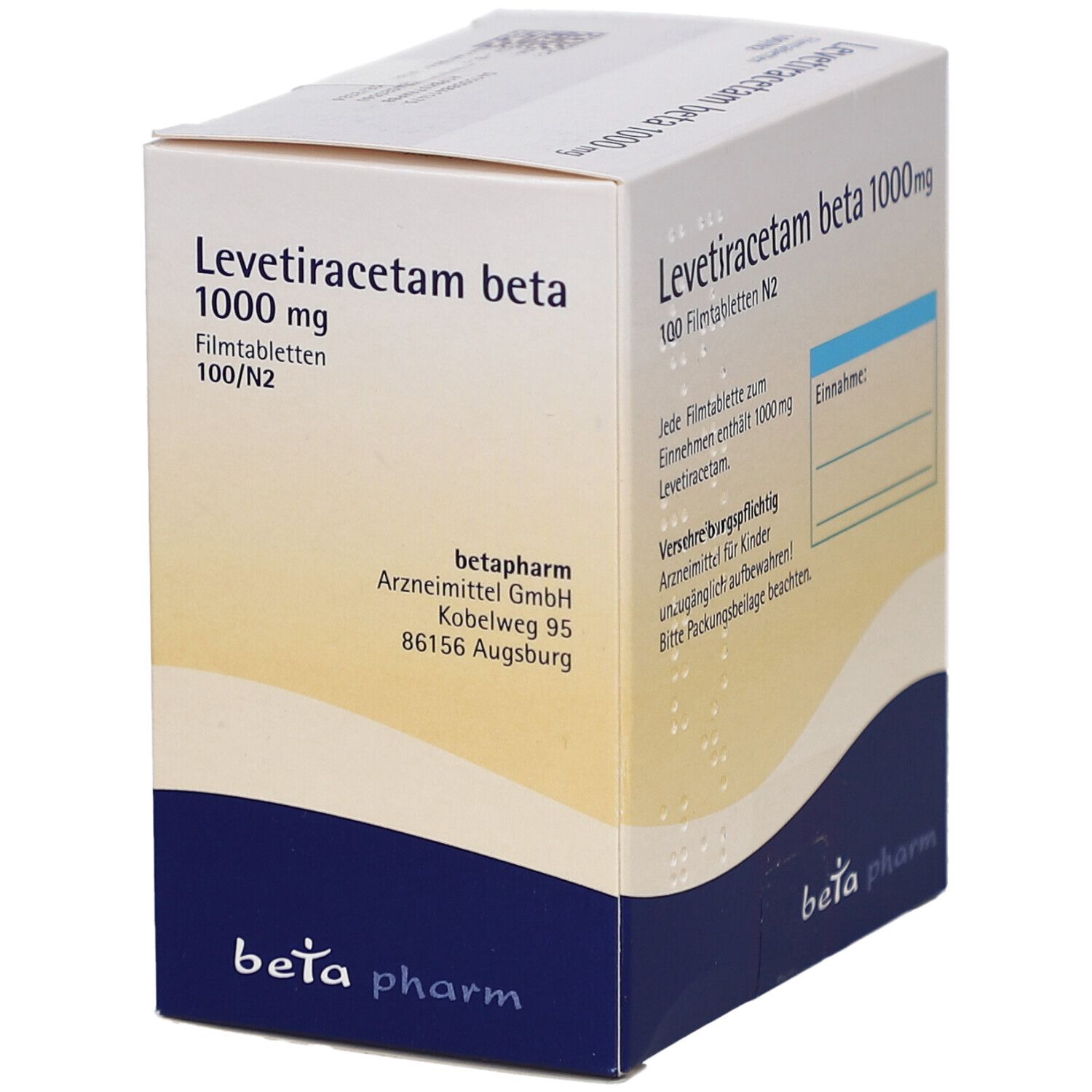 Arzneimittelpackung mit Levetiracetam beta 1000 mg Filmtabletten. Text und Logo auf weiß-blauer Verpackung.