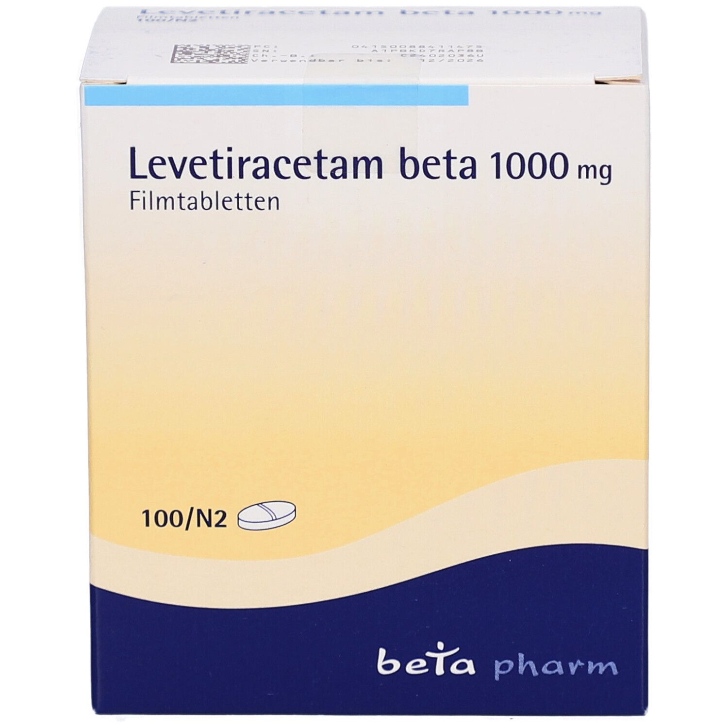 Arzneimittelpackung mit Levetiracetam beta 1000 mg Filmtabletten. Weiße und blaue Verpackung mit Logo.