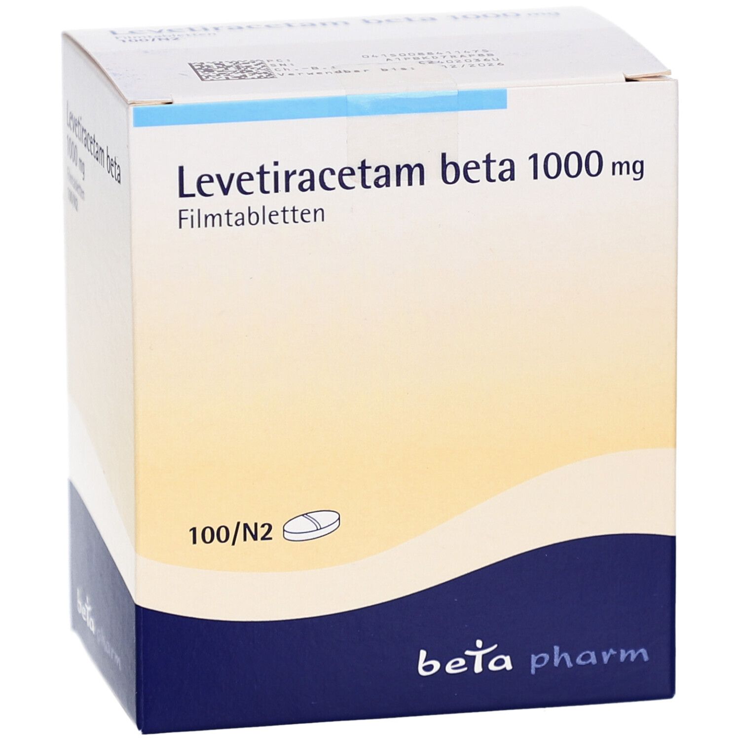 Arzneimittelpackung mit Levetiracetam beta 1000 mg Filmtabletten. Weiße und blaue Verpackung mit Logo.