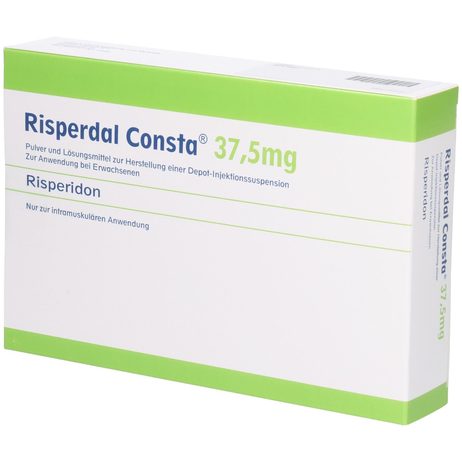 Risperdal Consta 37,5 mg-Packung. Grün-weiße Schachtel mit Produktnamen und Dosierung. Text: Risperidon.