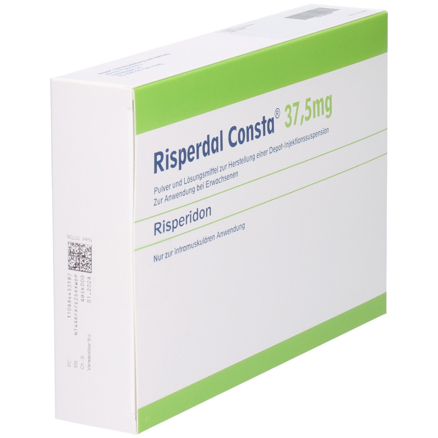 Risperdal Consta 37,5 mg-Packung. Schachtel in Schrägansicht. Grün-weiß mit Produktnamen und Dosierung. QR-Code.
