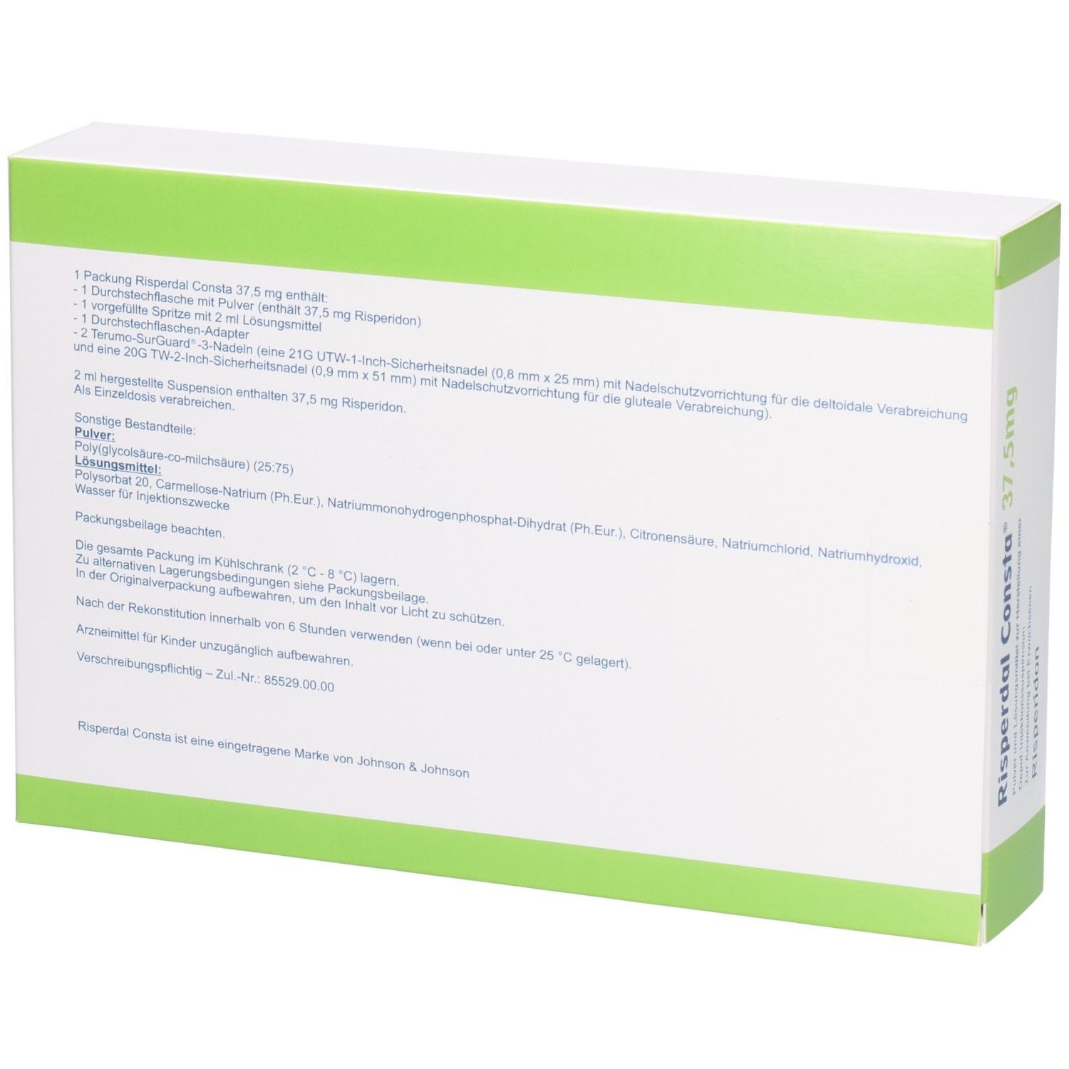 Rückseite der Risperdal Consta 37,5 mg-Packung. Text mit Inhaltsstoffen und Anweisungen. Grün-weiß.
