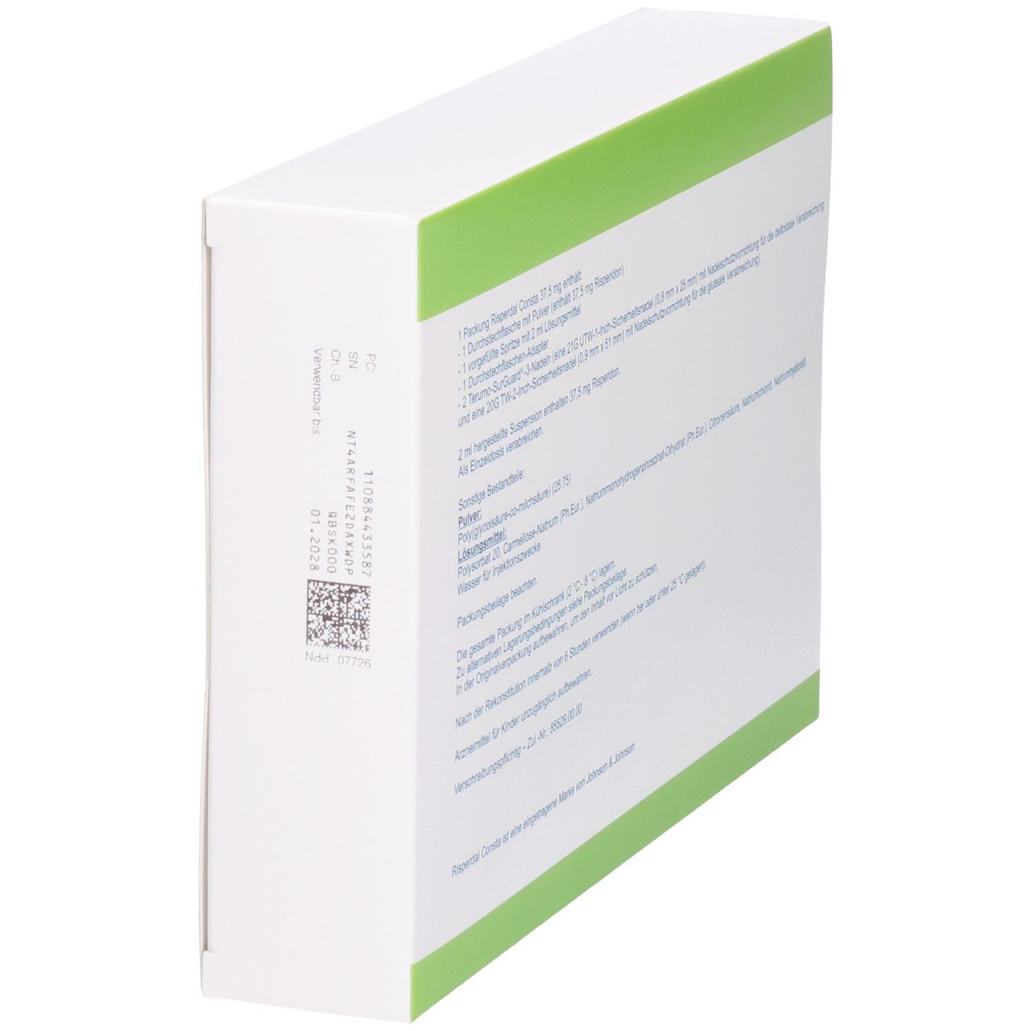 Rückseite der Risperdal Consta 37,5 mg-Packung. Text mit Inhaltsstoffen und Anweisungen. QR-Code.