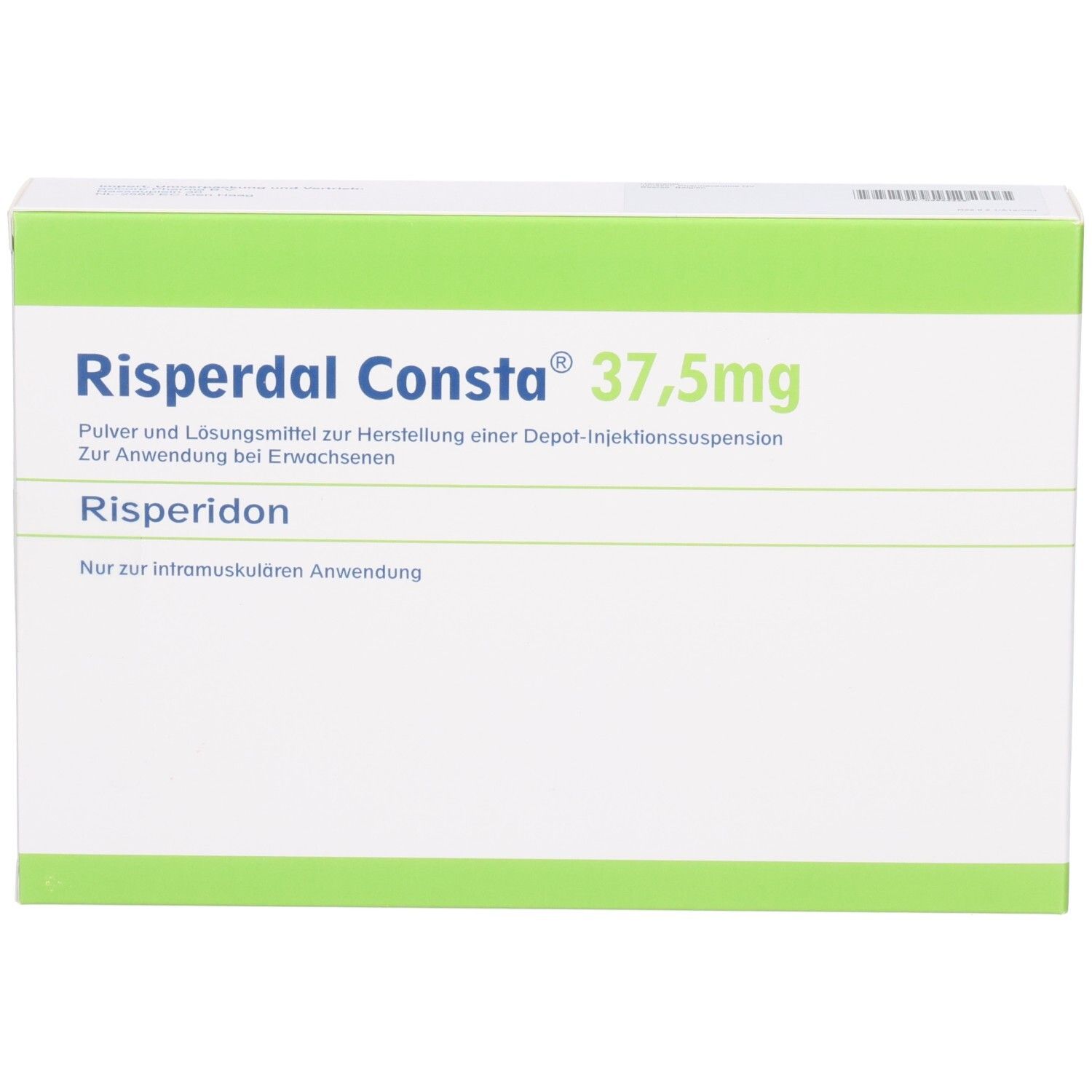 Risperdal Consta 37,5 mg-Packung. Grün-weiße Schachtel mit Produktnamen und Dosierung. Text: Risperidon.