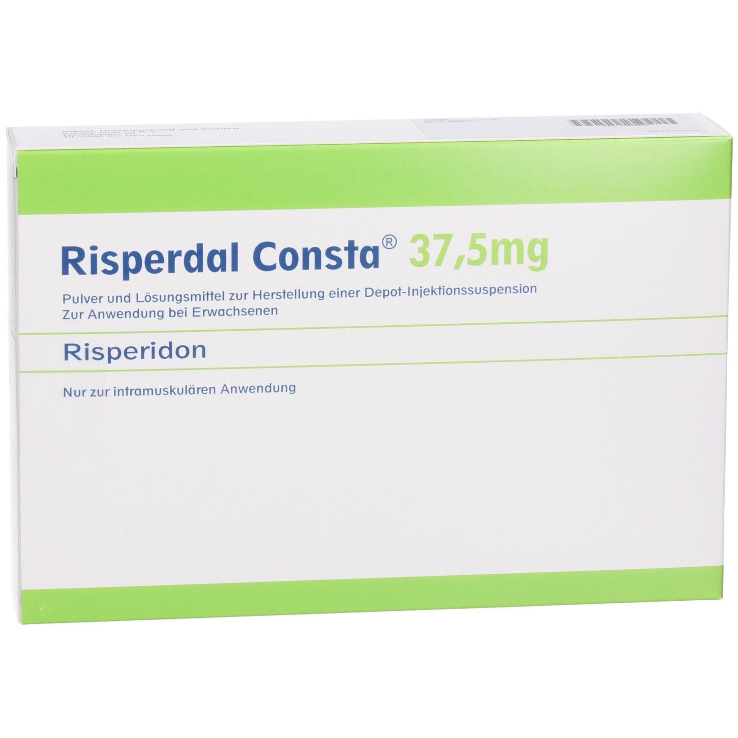 Risperdal Consta 37,5 mg-Packung. Grün-weiße Schachtel mit Produktnamen und Dosierung. Text: Risperidon.