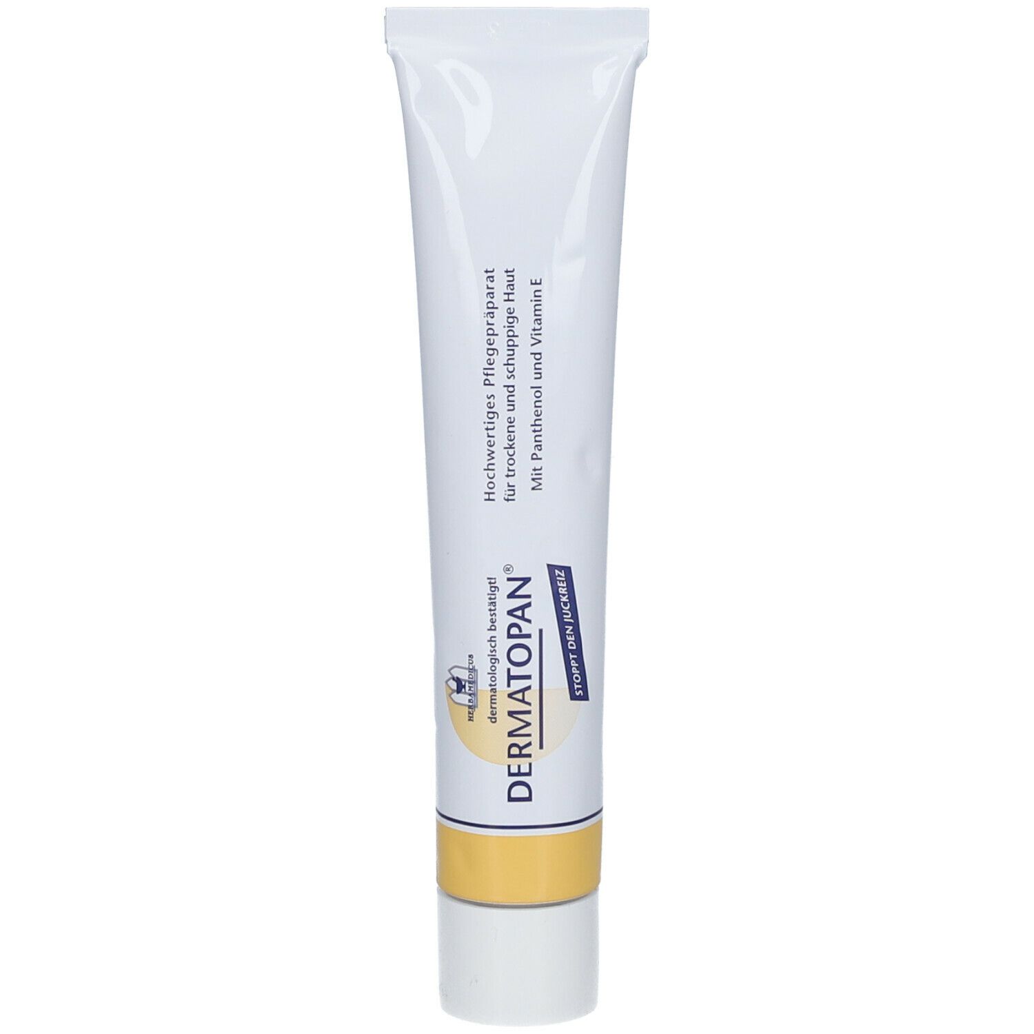 Creme-Tube mit Produktinformationen. Aufschrift: Dermatopan®. Weiß, gelb und blau. Mit Panthenol und Vitamin E.