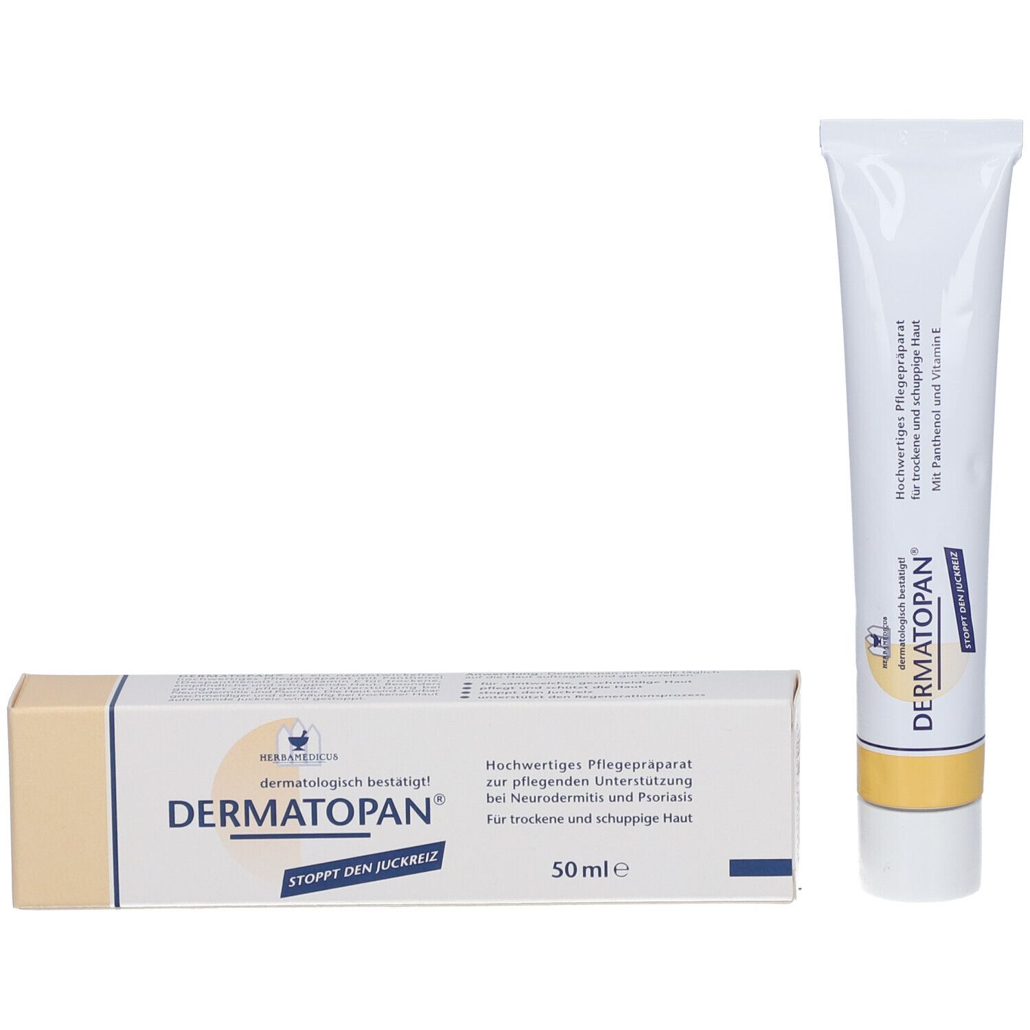 Produktverpackung und Tube. Verpackung: Weiß und beige, Aufschrift: Dermatopan®. Tube: Weiß, gelb und blau.