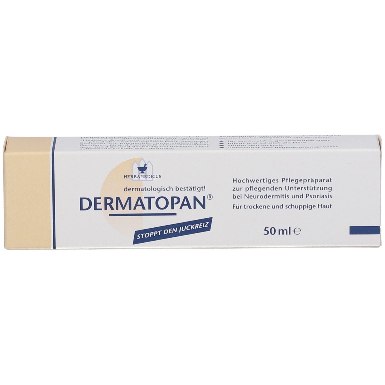 Produktverpackung. Weiß und beige. Aufschrift: Dermatopan®. Enthält Informationen zur Pflege trockener und schuppiger Haut.