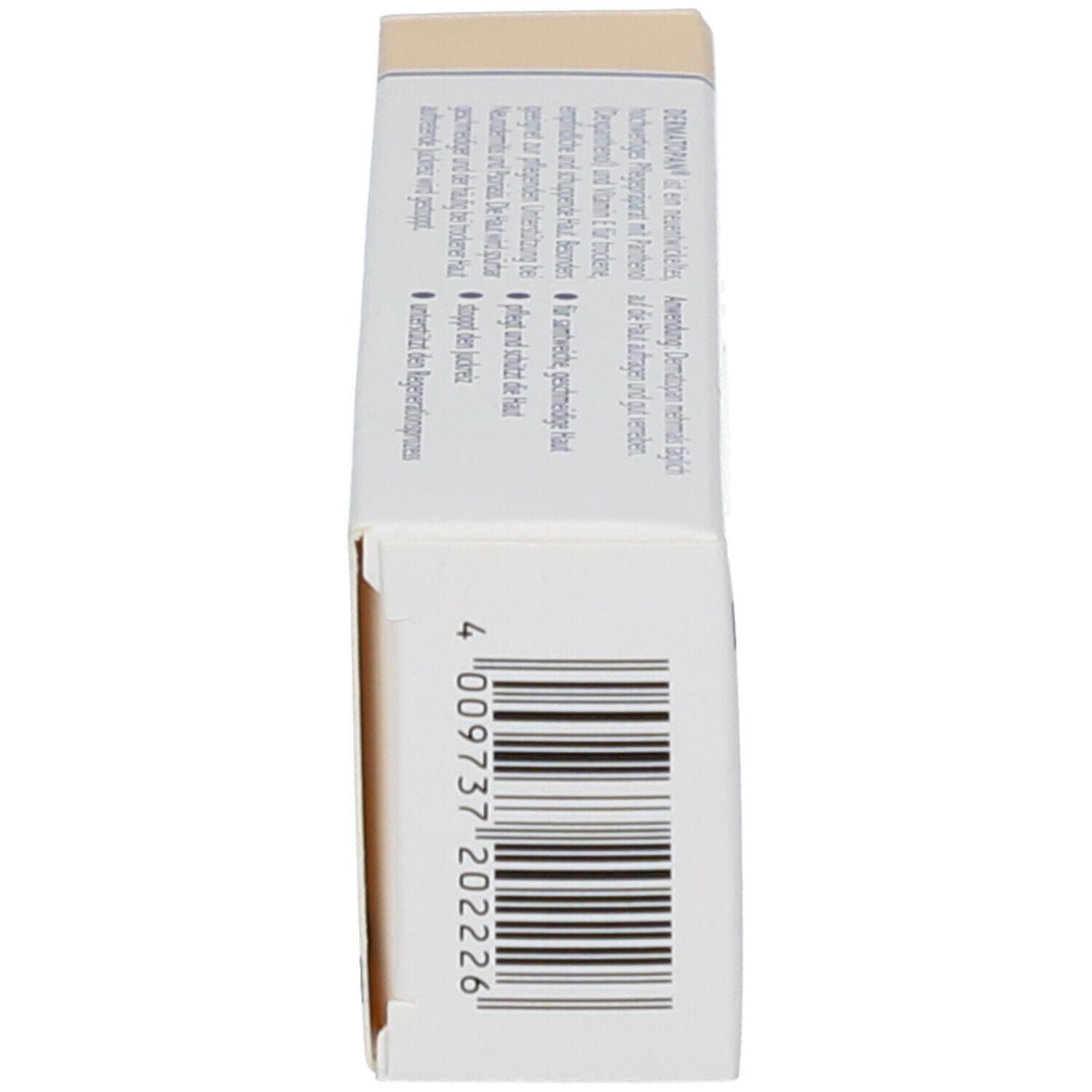 Produktverpackung. Weiß und beige. Aufschrift: Dermatopan®. Enthält Informationen zur Pflege trockener und schuppiger Haut.