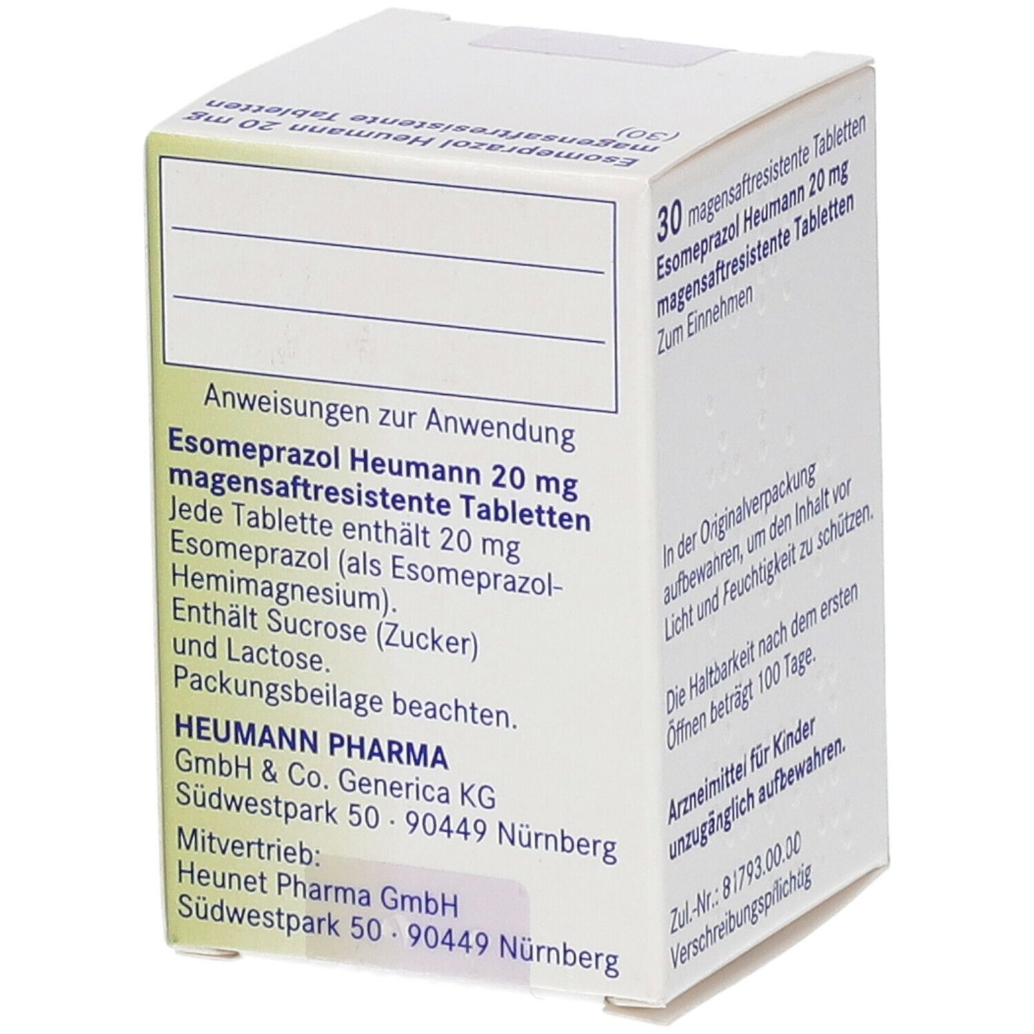 Schachtel mit Esomeprazol Heumann 20 mg magensaftresistente Tabletten. Rückseite mit Text.