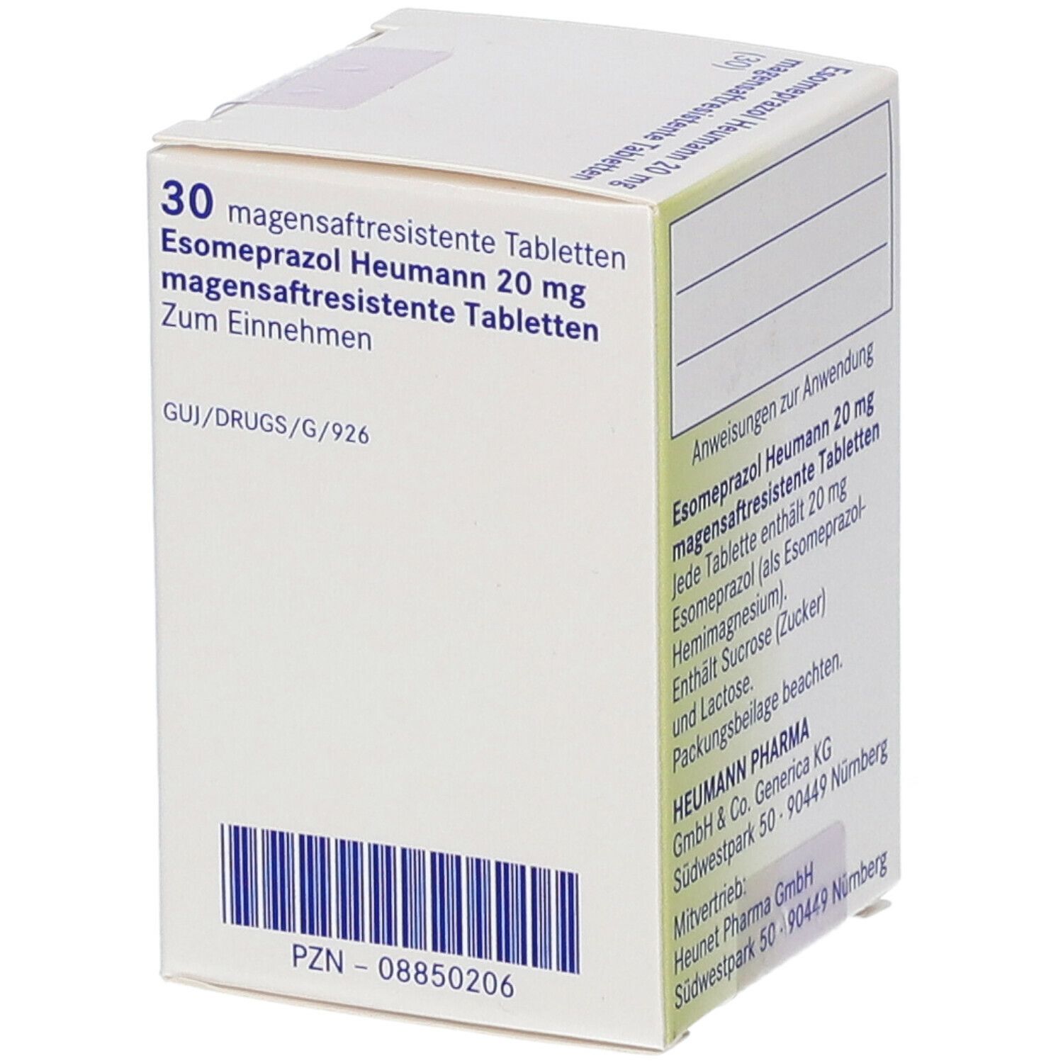 Schachtel mit Esomeprazol Heumann 20 mg magensaftresistente Tabletten. Rückseite mit Text.
