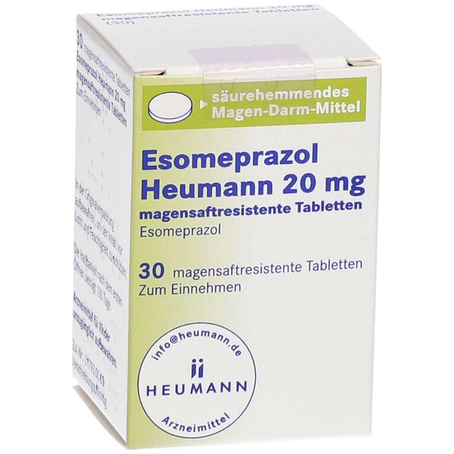 Schachtel mit Esomeprazol Heumann 20 mg magensaftresistente Tabletten. 30 Tabletten. Heumann Logo.