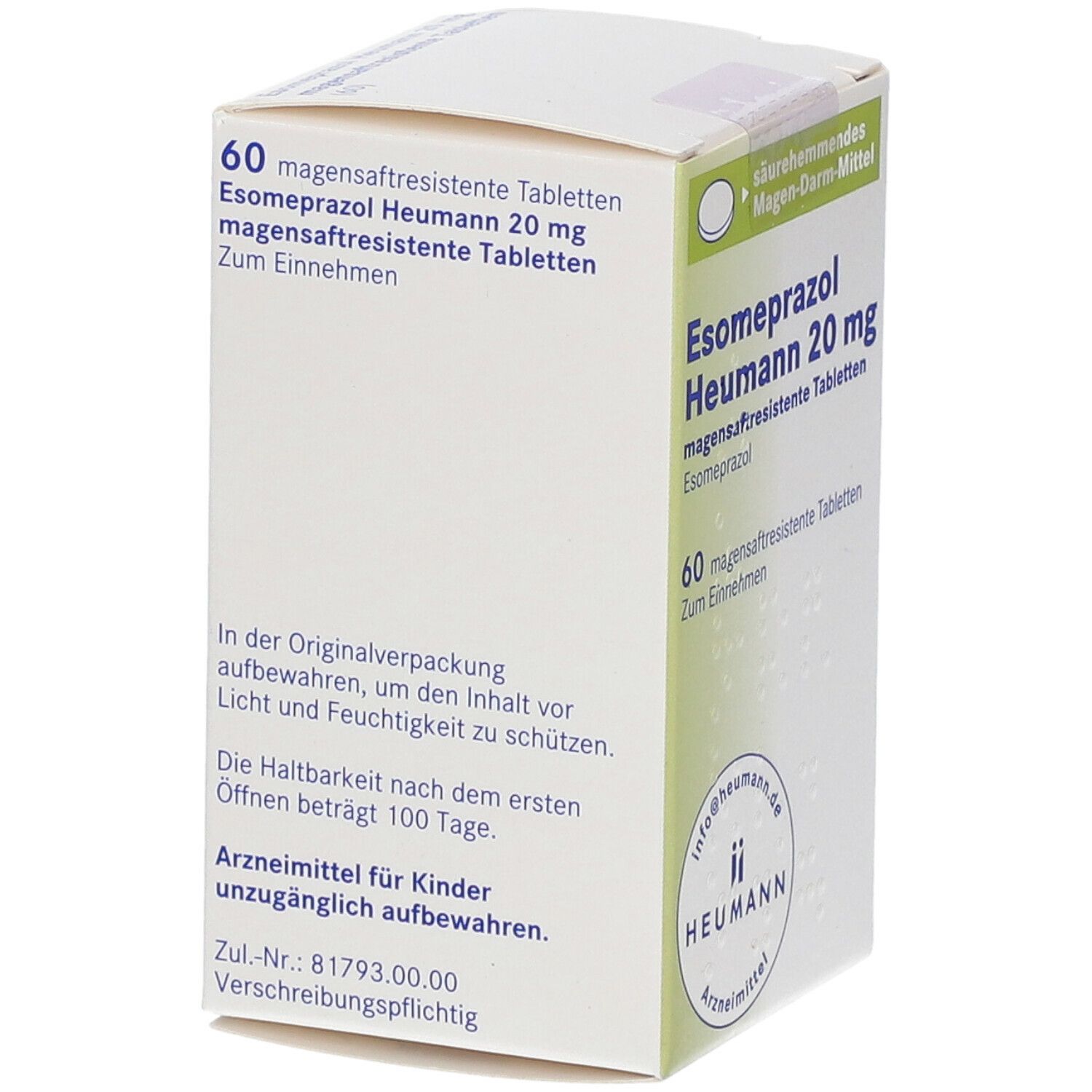 Weiße Faltschachtel mit Esomeprazol Heumann 20 mg. Aufdruck: 60 magensaftresistente Tabletten. Heumann Logo.