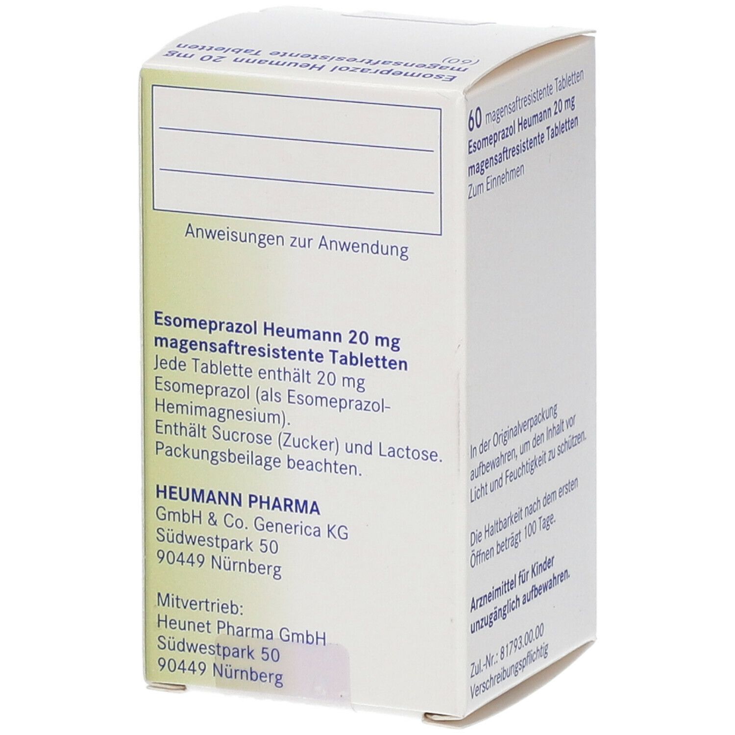 Rückseite der Faltschachtel mit Esomeprazol Heumann 20 mg. Angaben zur Anwendung und Inhaltsstoffe. Heumann Pharma.