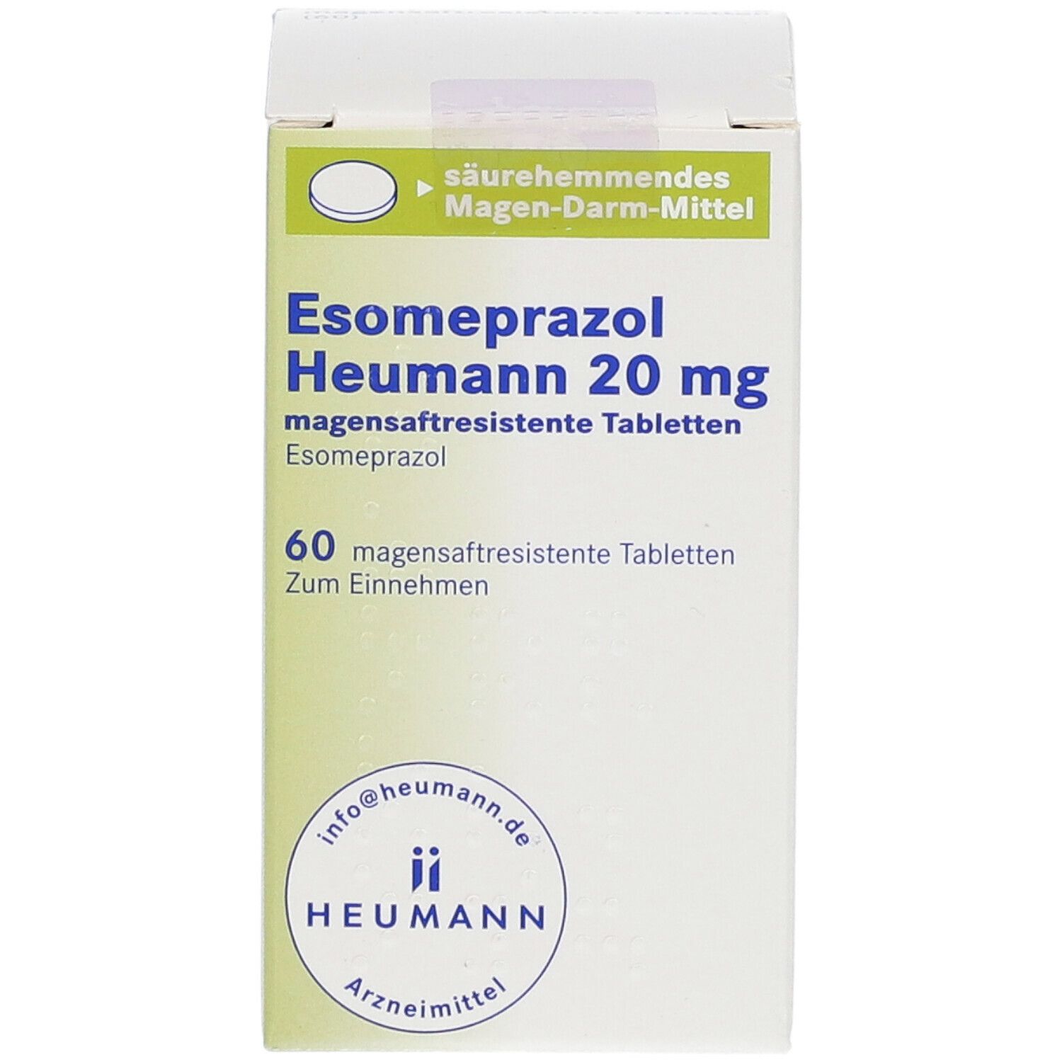 Weiße Faltschachtel mit Esomeprazol Heumann 20 mg. Aufdruck: 60 magensaftresistente Tabletten. Heumann Logo.