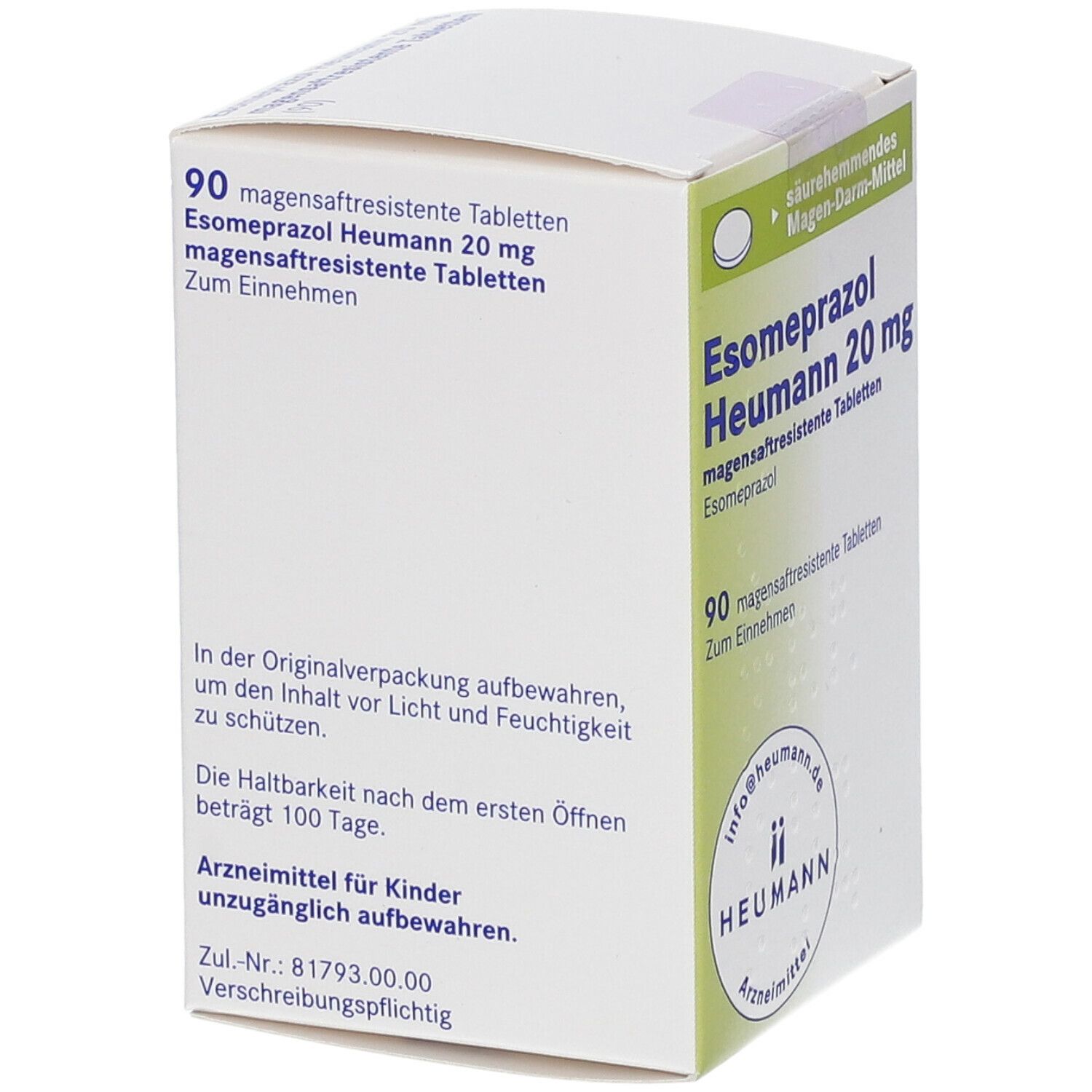 Schachtel mit Esomeprazol Heumann 20 mg. Rückseite mit Text. 90 Tabletten. Heumann Logo.