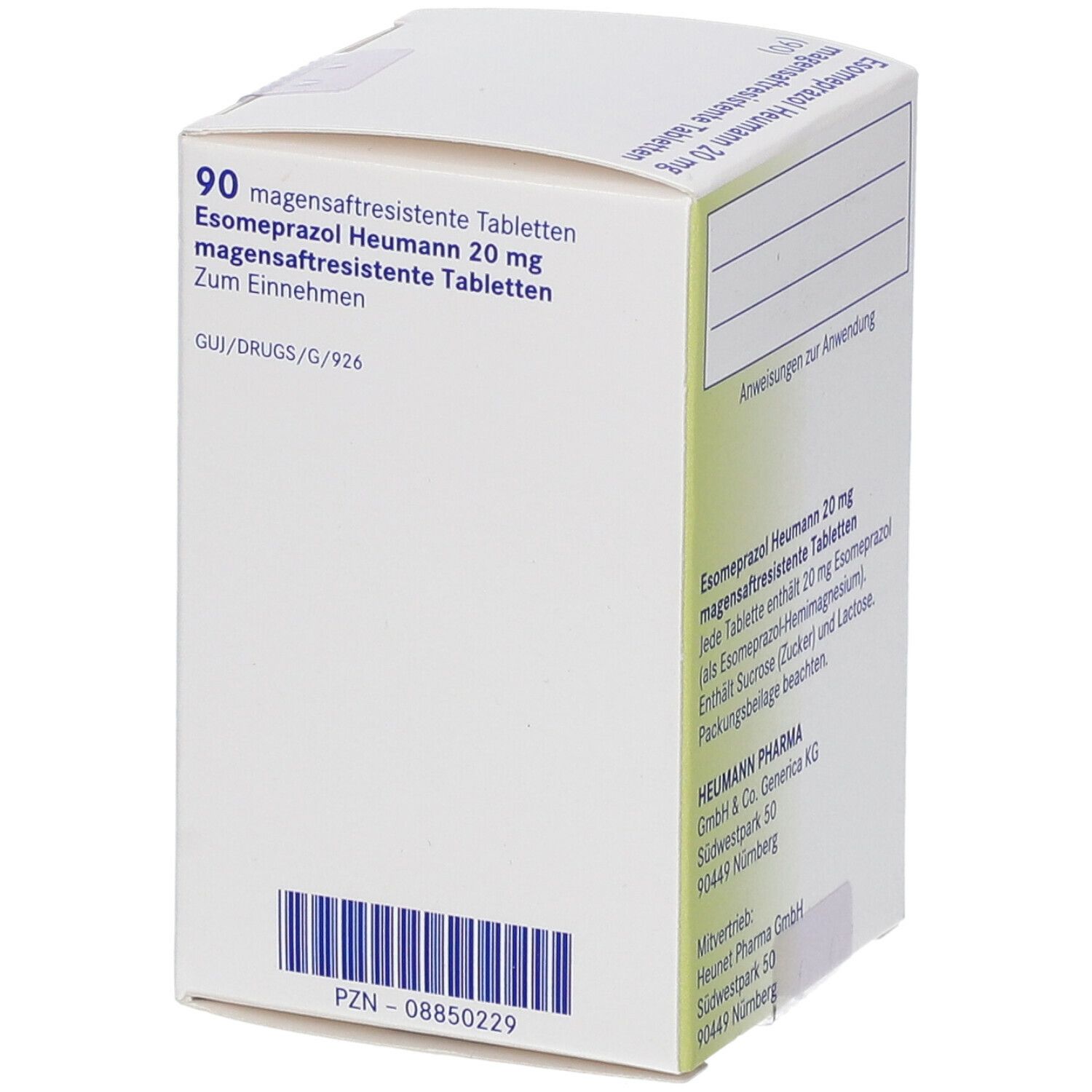 Schachtel mit Esomeprazol Heumann 20 mg. Rückseite mit Text. 90 Tabletten. Barcode.