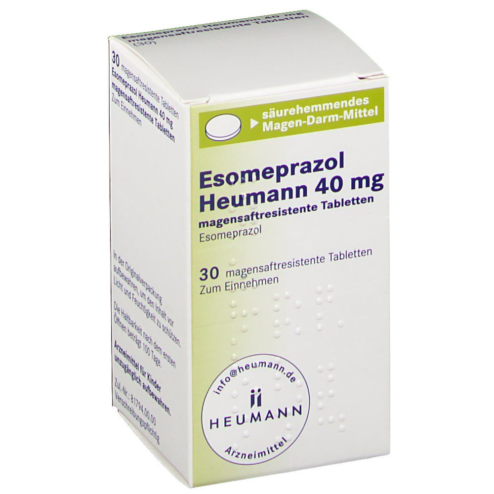 Schachtel mit Esomeprazol Heumann 40 mg Tabletten. 30 magensaftresistente Tabletten. Heumann Logo.