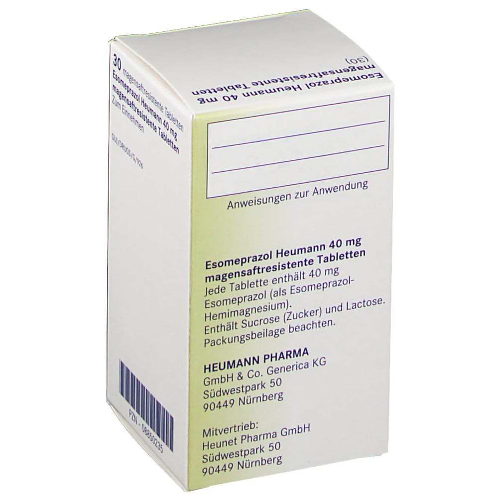 Rückseite der Schachtel mit Informationen zu Esomeprazol Heumann 40 mg Tabletten. Heumann Pharma Logo.