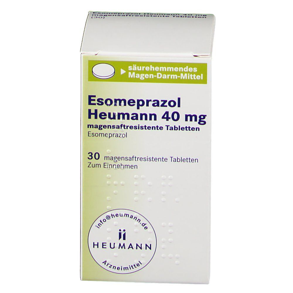 Geöffnete Schachtel mit Esomeprazol Heumann 40 mg Tabletten. 30 magensaftresistente Tabletten. Heumann Logo.
