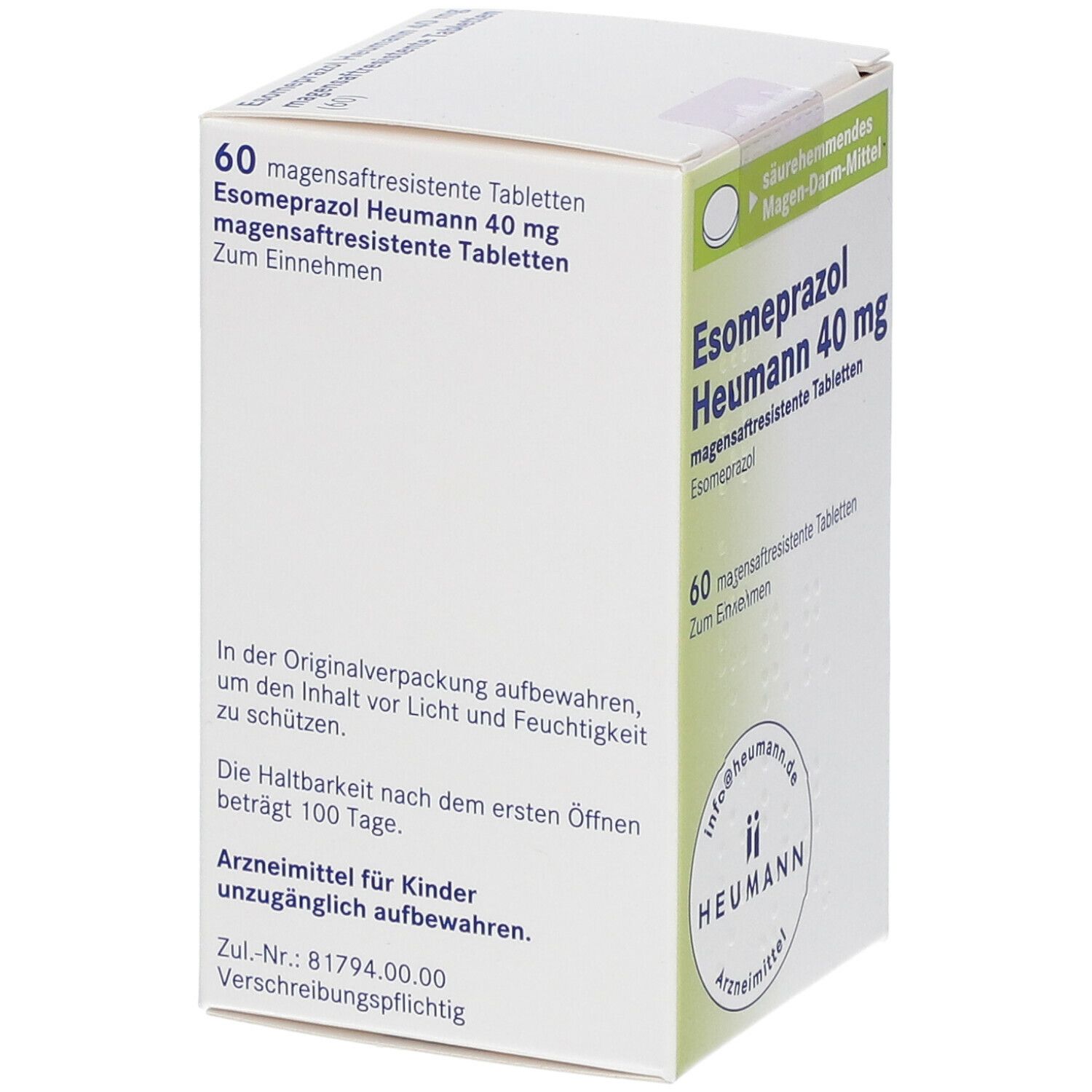 Weiße Faltschachtel mit Text. Enthält 'Esomeprazol Heumann 40 mg'. Hinweise zur Aufbewahrung und Haltbarkeit. Heumann Logo.