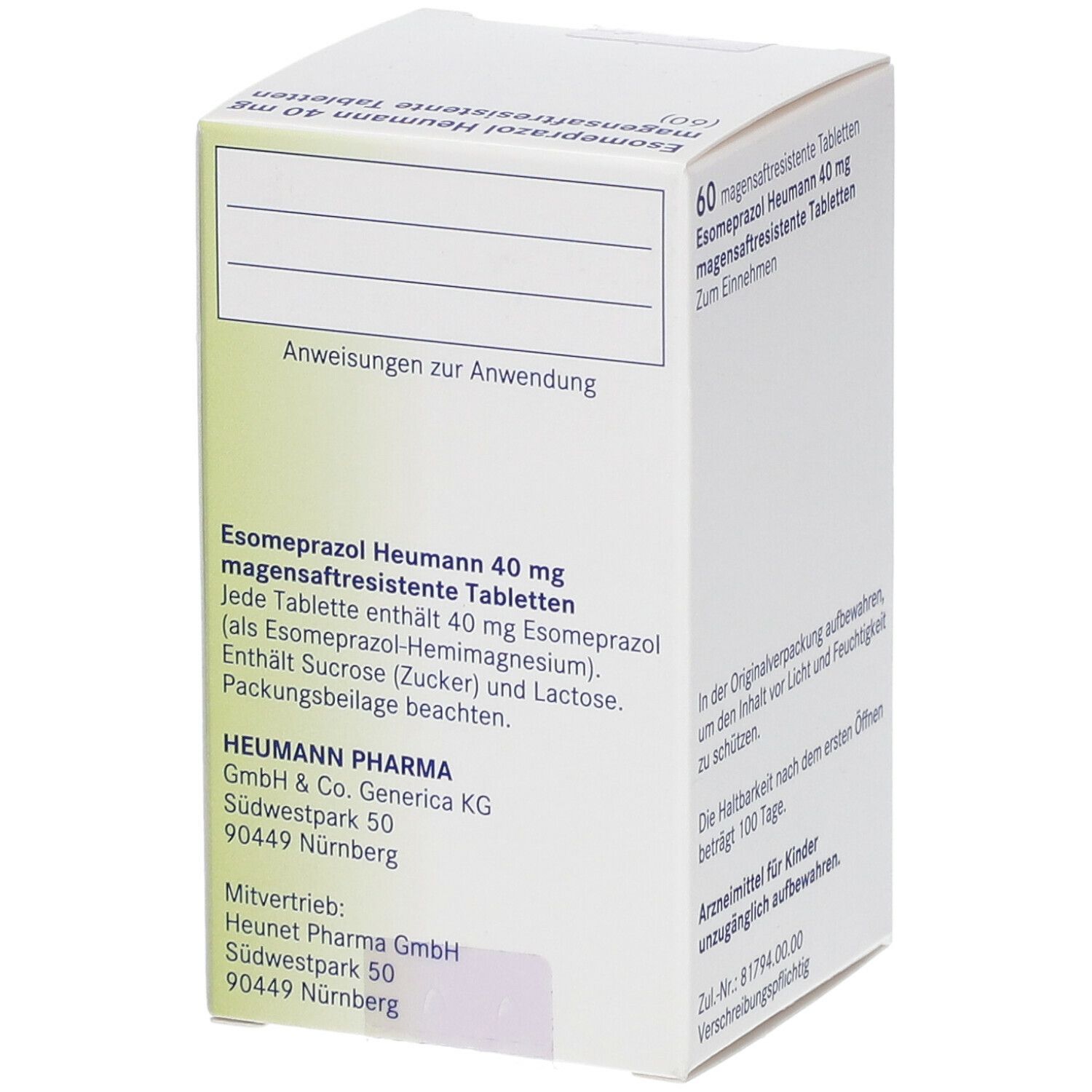 Rückseite der weißen Faltschachtel. Text: 'Esomeprazol Heumann 40 mg'. Angaben zu Inhaltsstoffen und Hersteller. Heumann Pharma.