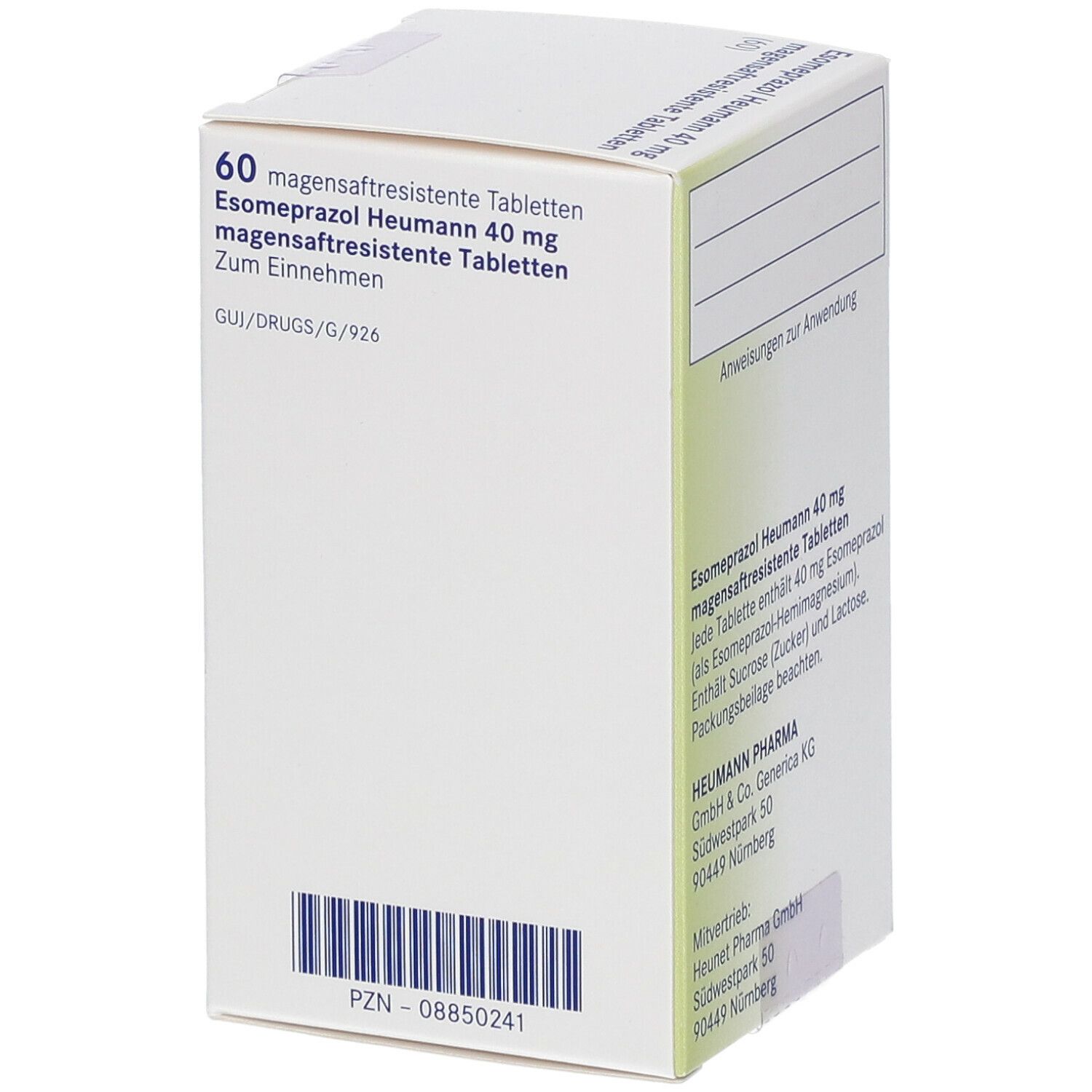 Rückseite der weißen Faltschachtel. Text: 'Esomeprazol Heumann 40 mg'. Barcode und weitere Informationen. Heumann Pharma.
