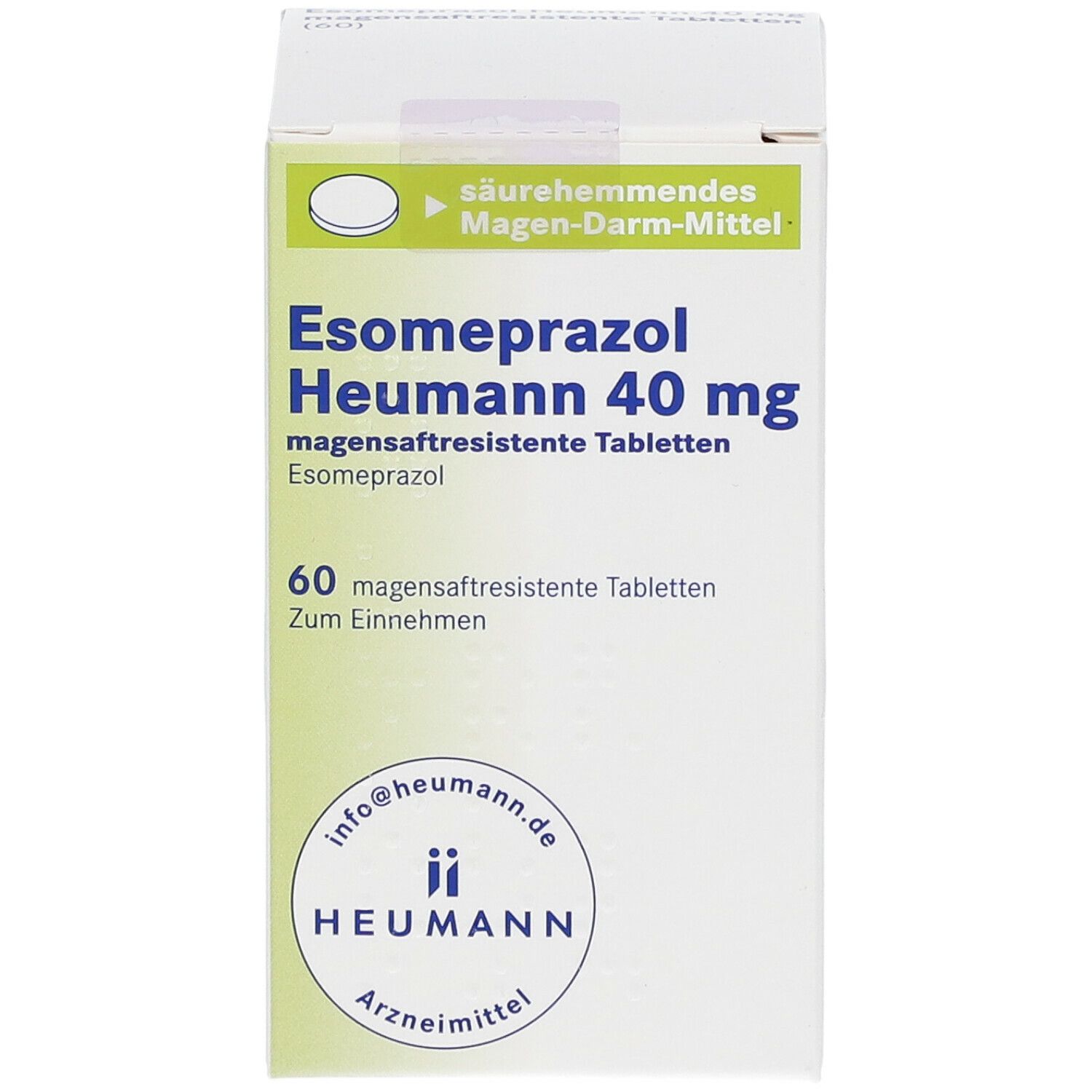 Weiße Faltschachtel mit Aufschrift 'Esomeprazol Heumann 40 mg'. Enthält 60 magensaftresistente Tabletten. Heumann Logo.