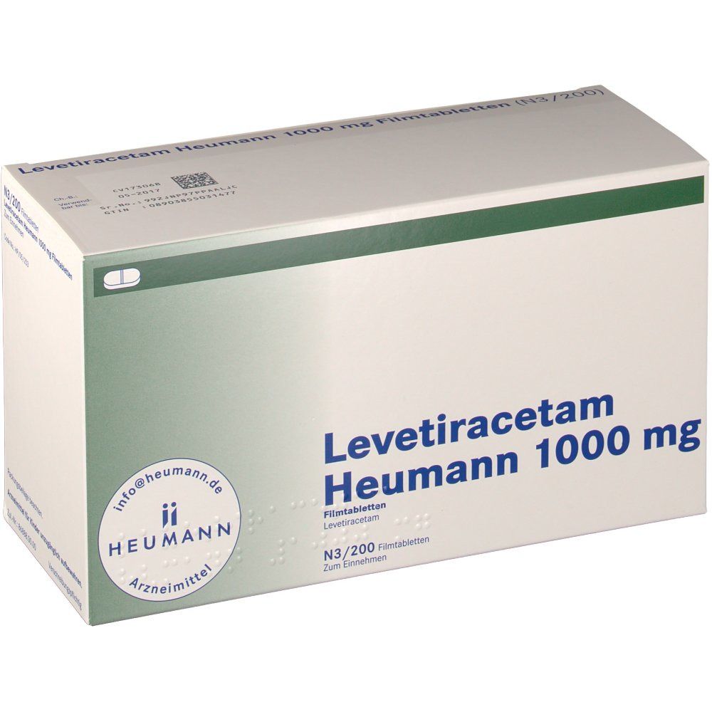Arzneimittelverpackung mit Aufschrift LEVETIRACETAM Heumann 1000 mg. Weiße Schachtel mit grünem Streifen und Logo. Text in Deutsch.