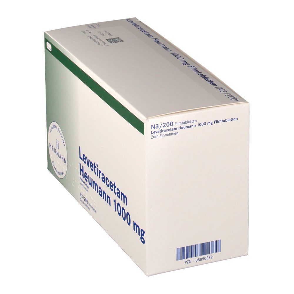 Schachtel LEVETIRACETAM Heumann 1000 mg. Weiße Verpackung mit grünem Streifen. Text und Logo in Deutsch. Ansicht von der Seite.