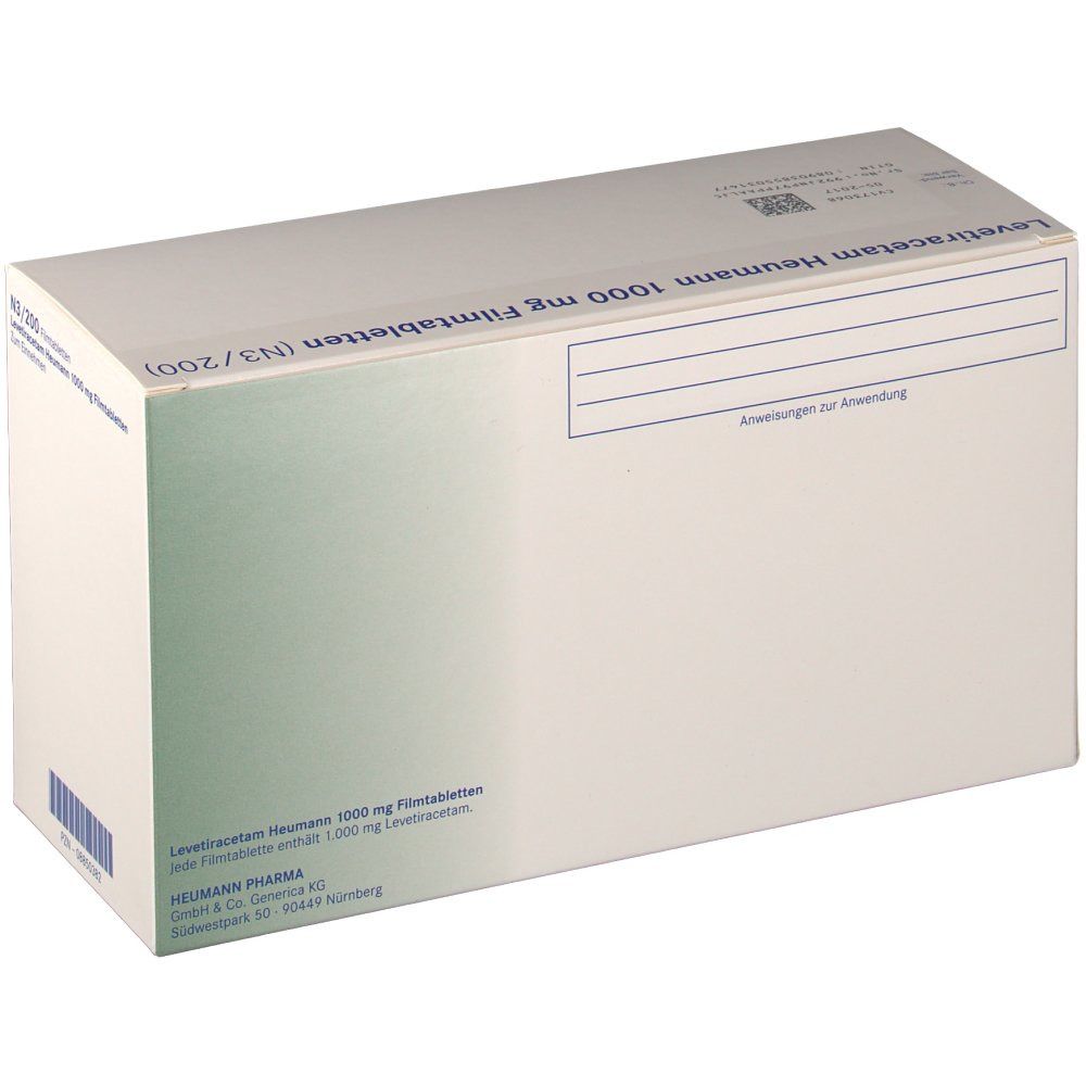 Verpackung von LEVETIRACETAM Heumann 1000 mg. Weiße Schachtel mit Text in Deutsch. Ansicht von oben, leicht schräg.