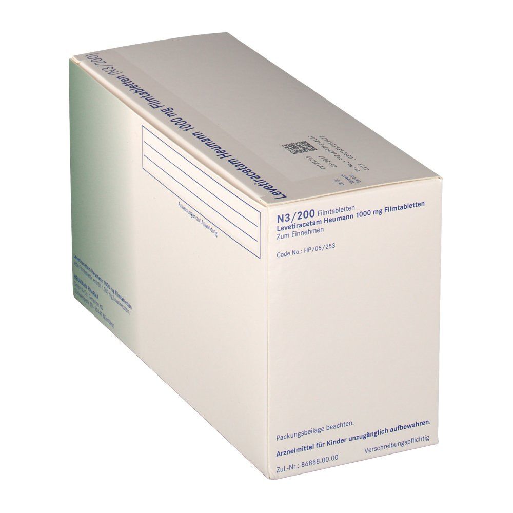 Arzneimittelverpackung LEVETIRACETAM Heumann 1000 mg. Weiße Schachtel mit Text in Deutsch. Ansicht von oben, leicht schräg.