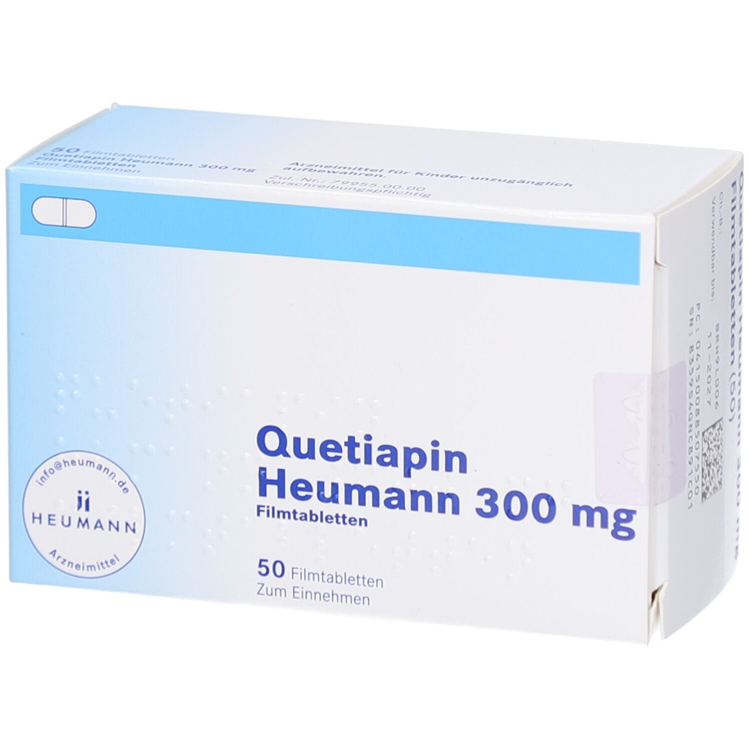 Schachtel mit Aufschrift "Quetiapin Heumann 300 mg Filmtabletten". Blaue und weiße Farbgebung. 50 Filmtabletten.